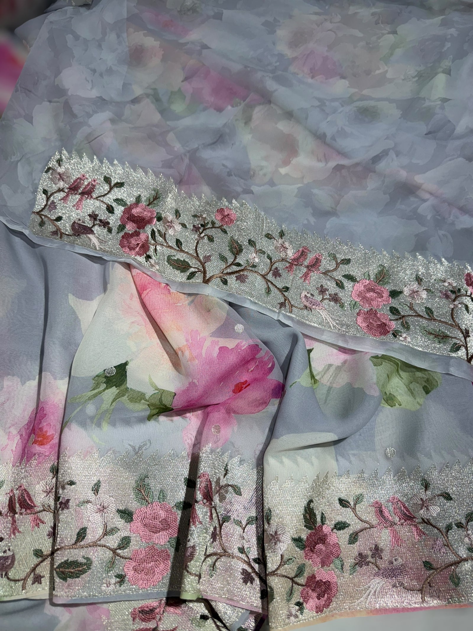 Lilac Printed georgette Saree With Tissue Embroidered Border