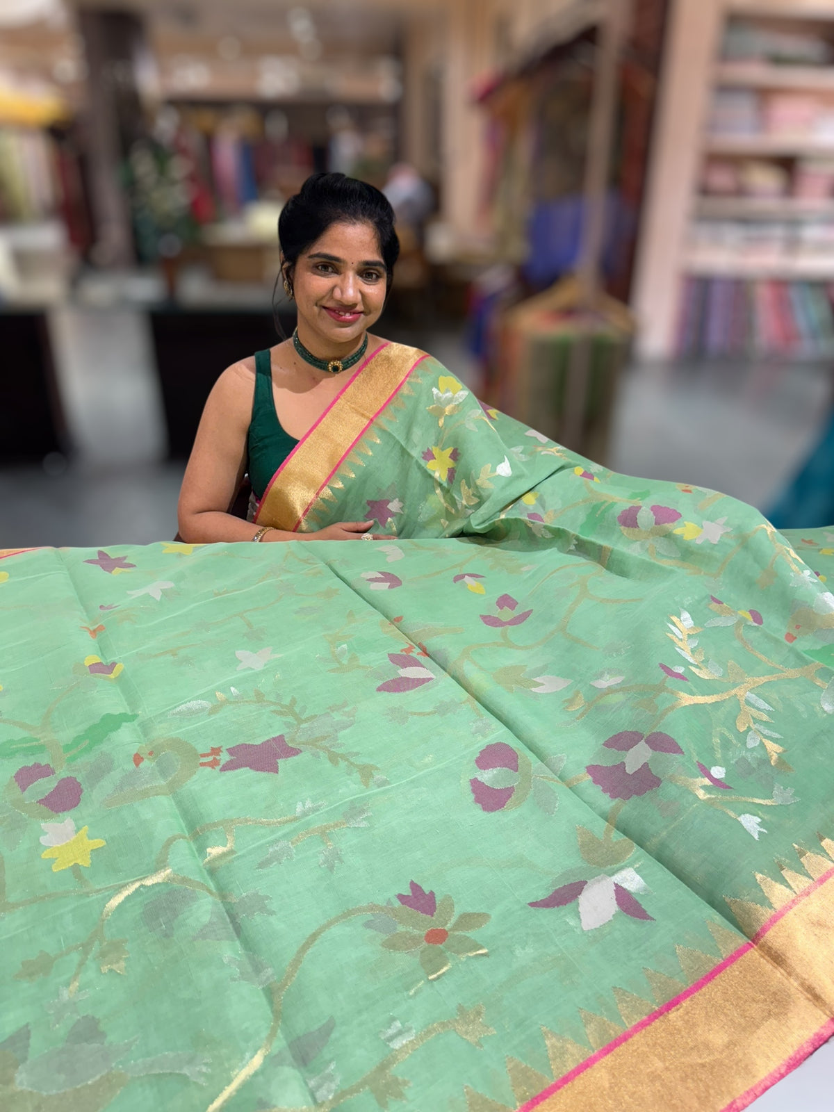Light Apple Green Ponduru Khadi Jamdani Allover Meenkari Weaving Saree