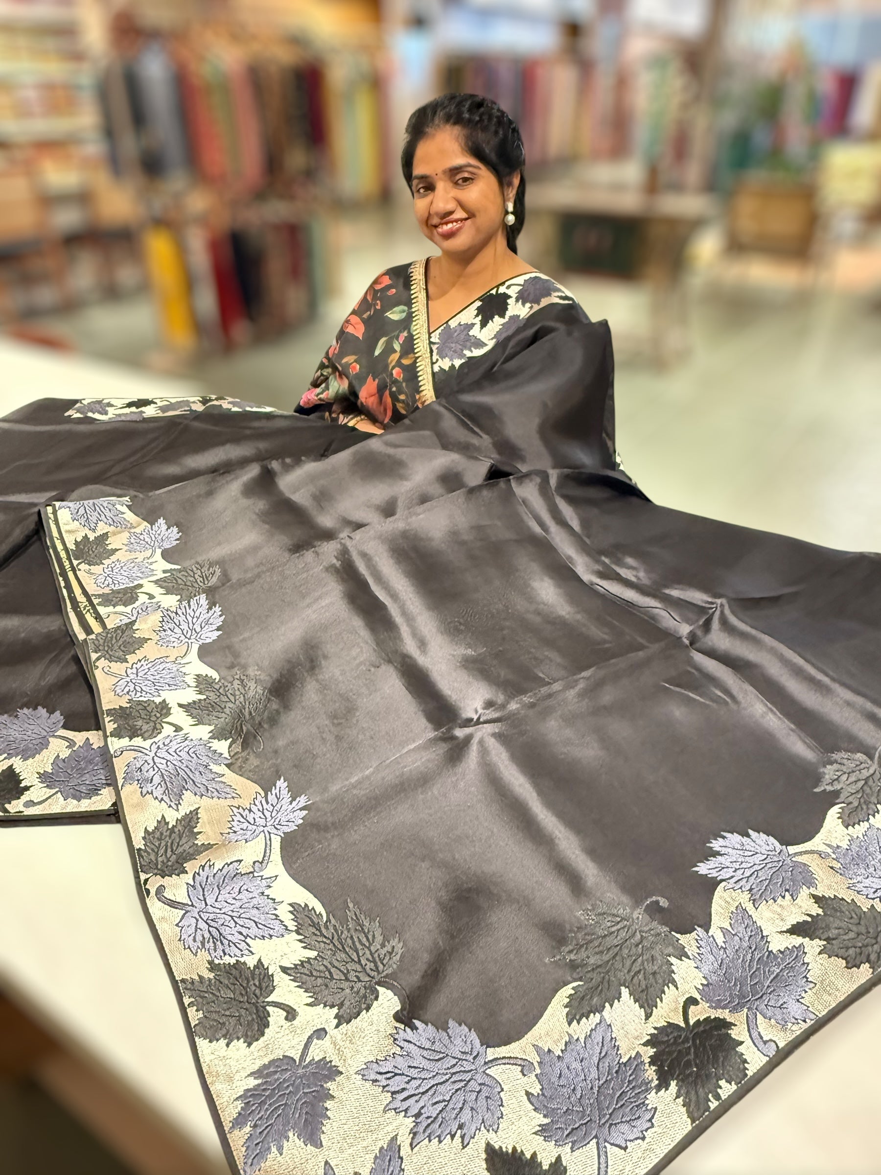Black Organza Saree with Stunning Leaf Embroidered Border