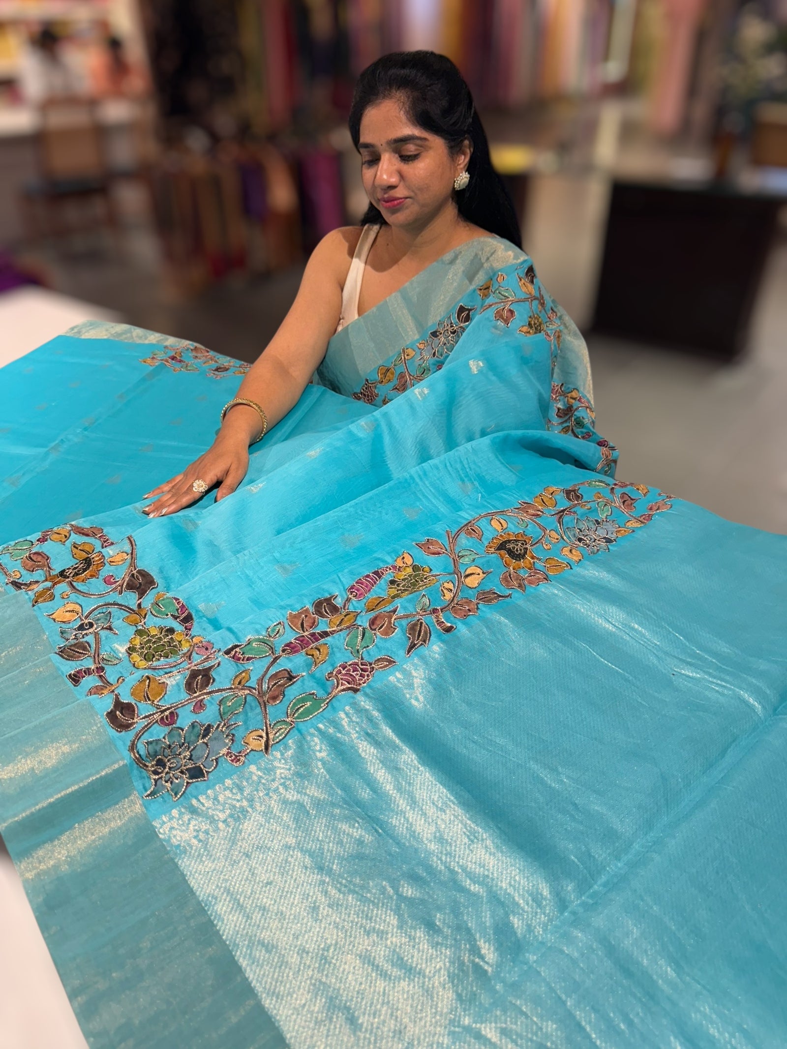Teal Blue chanderi silk cotton saree with kalamkari applique border
