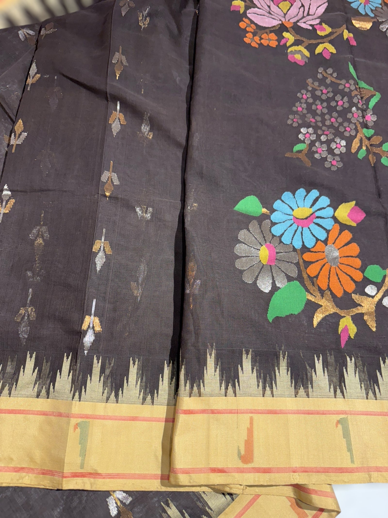 Darkest Brown  Pure  handloom Ponduru Khadi jamdani Saree with heavy pallu