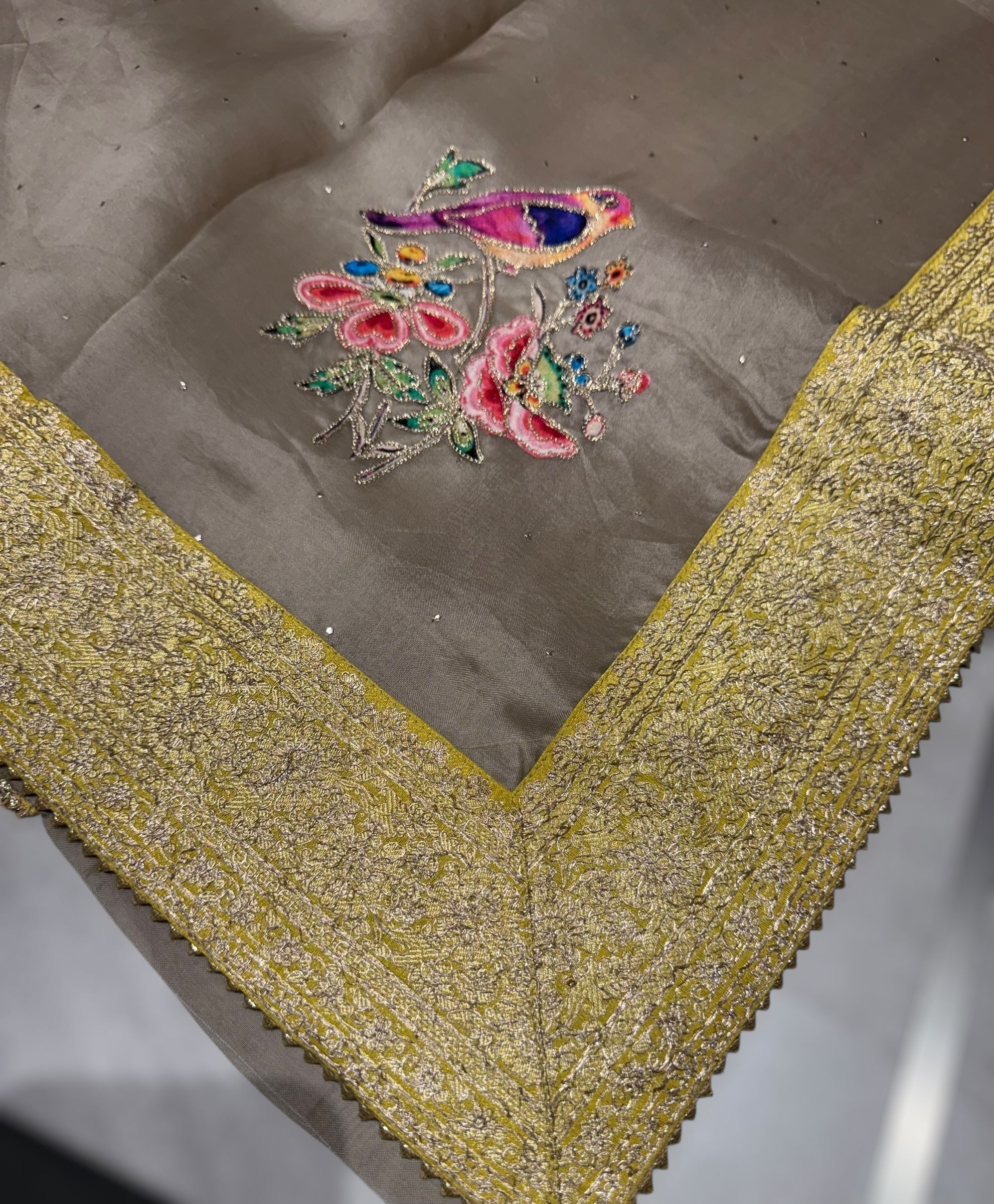 Earthy Tone Pure Organza Saree with banarasi pitawork border and bird applique motifs allover the saree