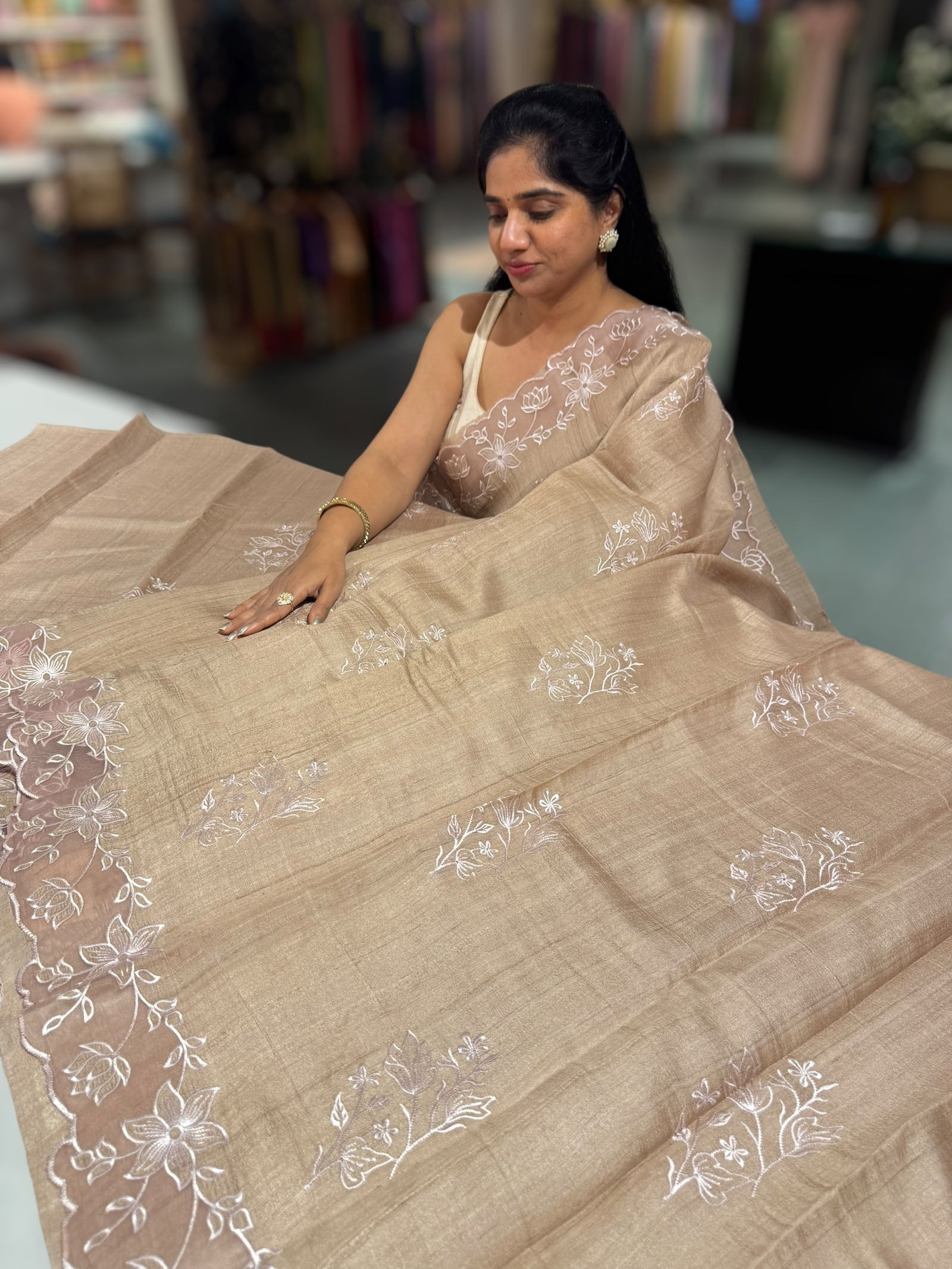 Chickoo Tussar Saree with organza embroidered border
