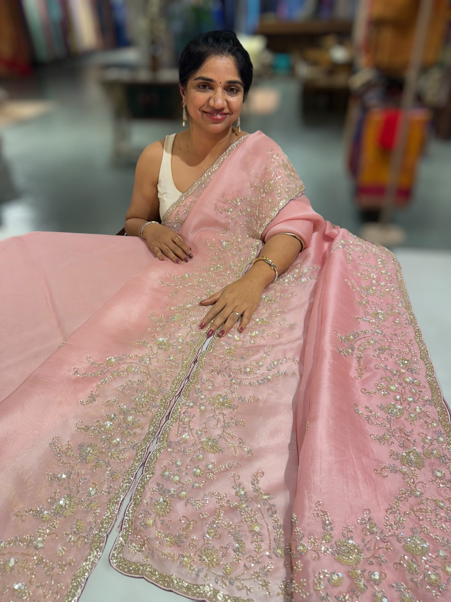 Blush Pink Organza heavy handwork saree with ready to wear blouse
