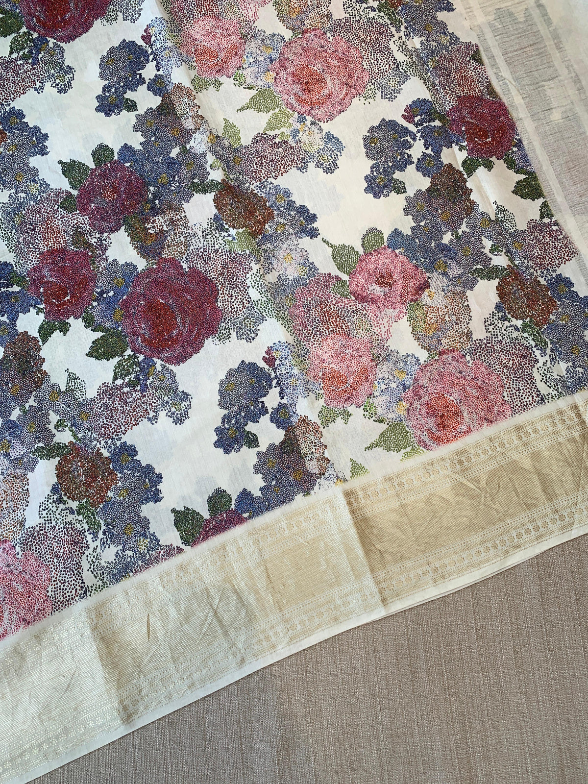 Ivory Pure Handloom Chiniya Silk Saree with stunning 3D Floral Print and zari borders