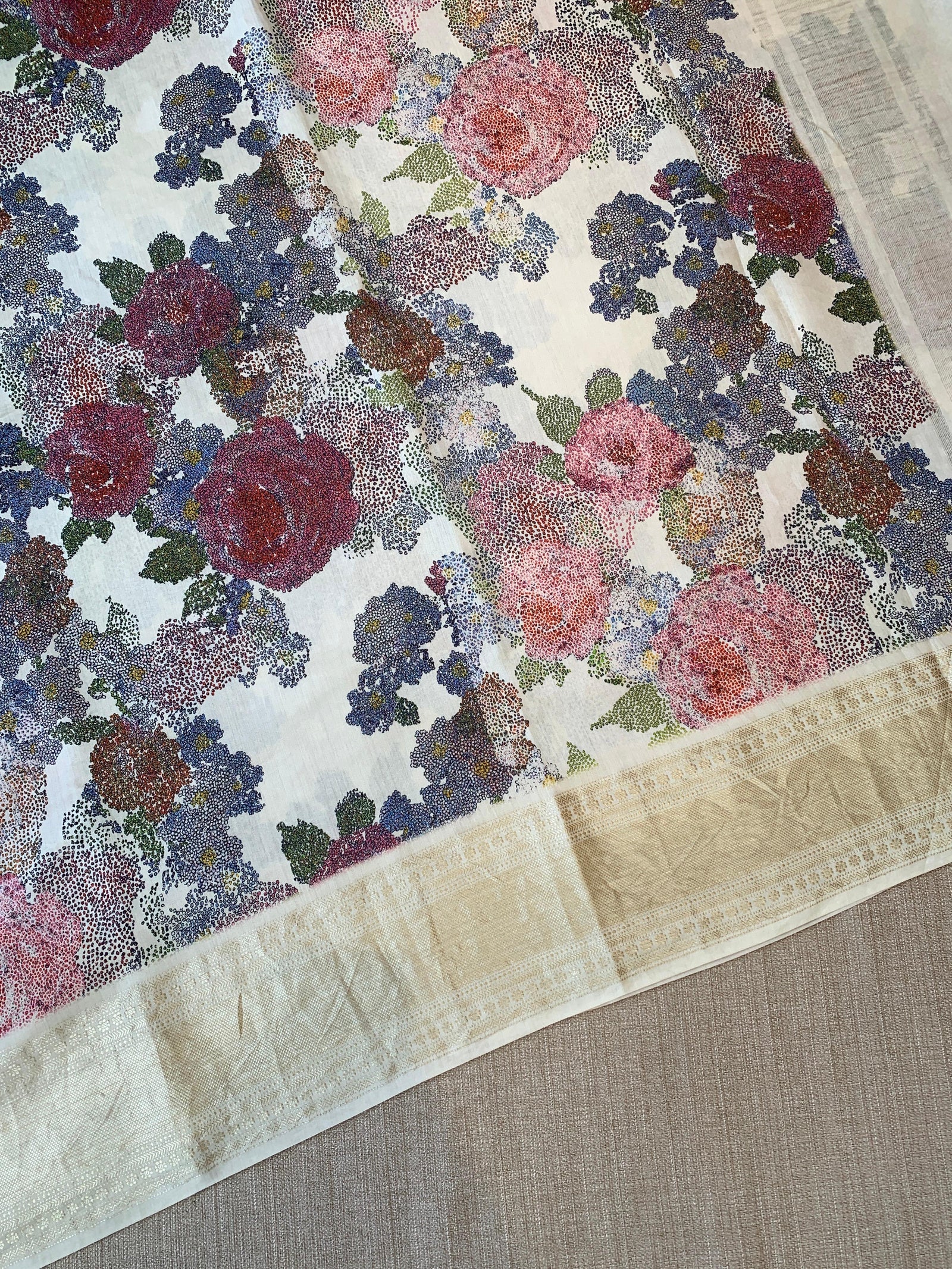 Ivory Pure Handloom Chiniya Silk Saree with stunning 3D Floral Print and zari borders