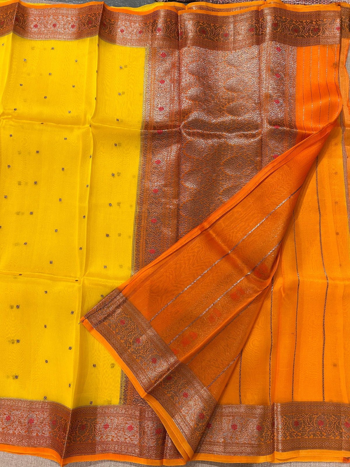 Yellow & Orange Combo Pure Handloom premium Kora Banarasi Saree with meenakari border
