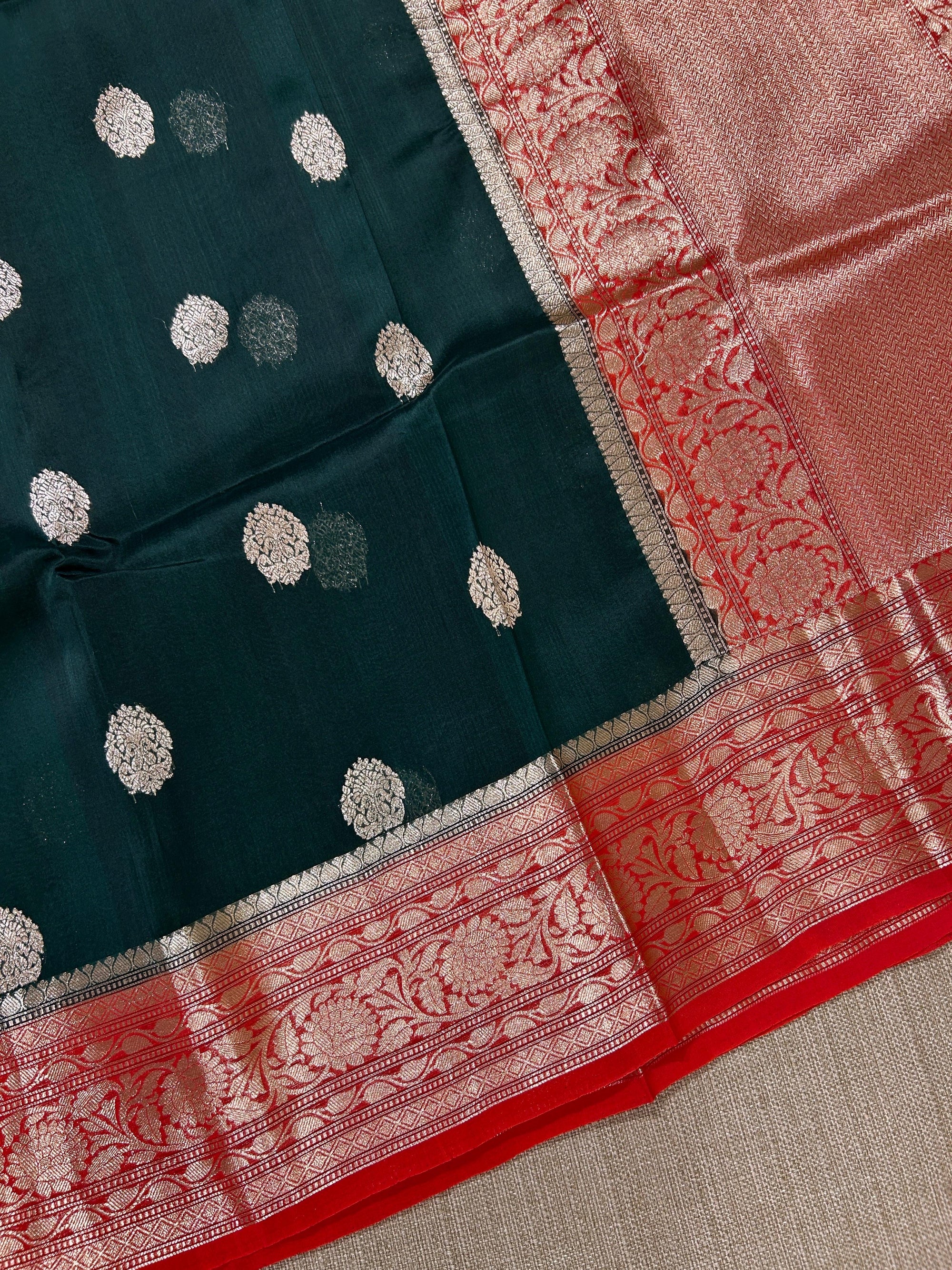 Bottle Green & Red Combo Pure Handloom premium Kora Banarasi Saree
