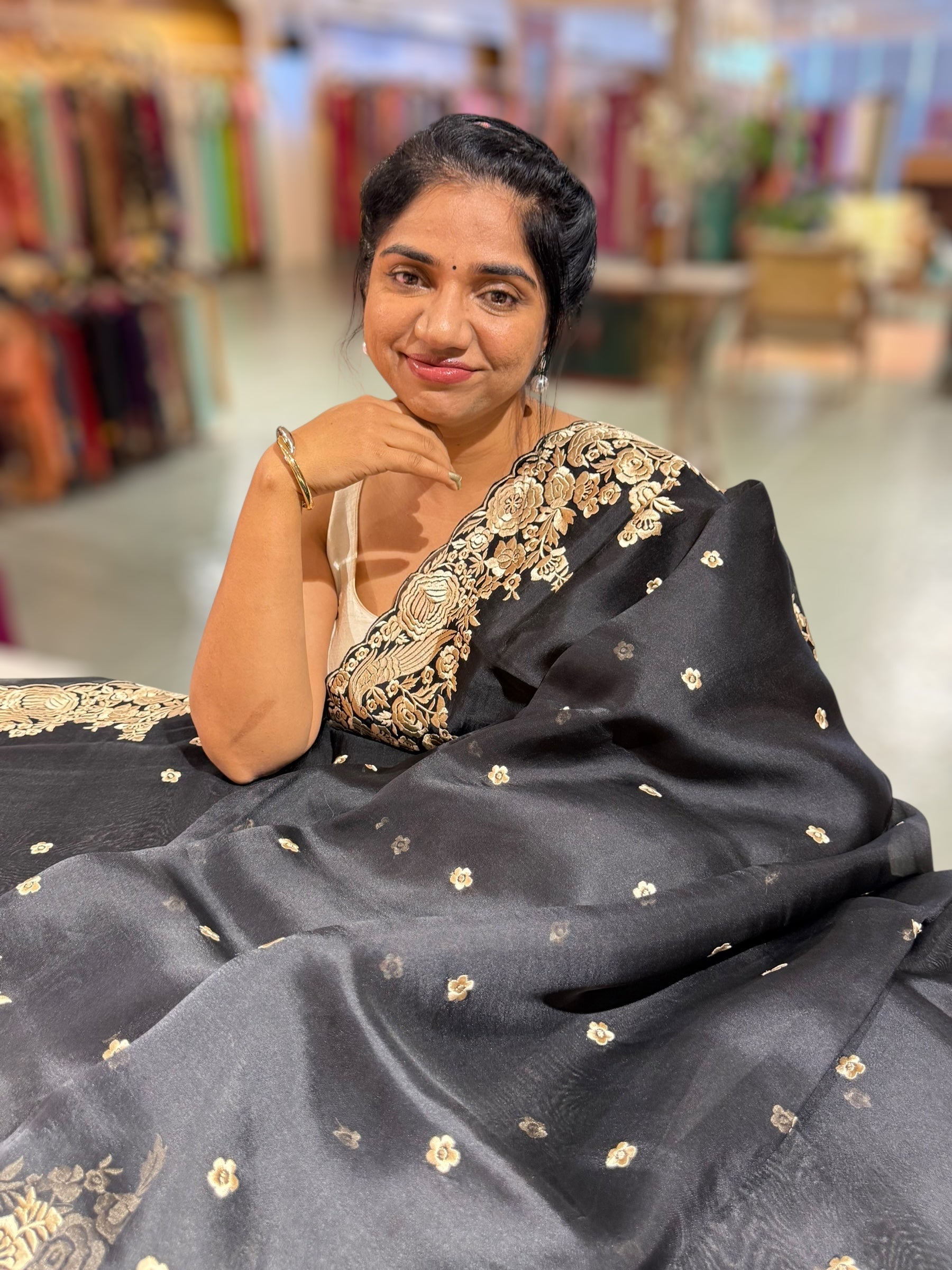 Black Organza Saree with Parsi Gara Embroidered Border