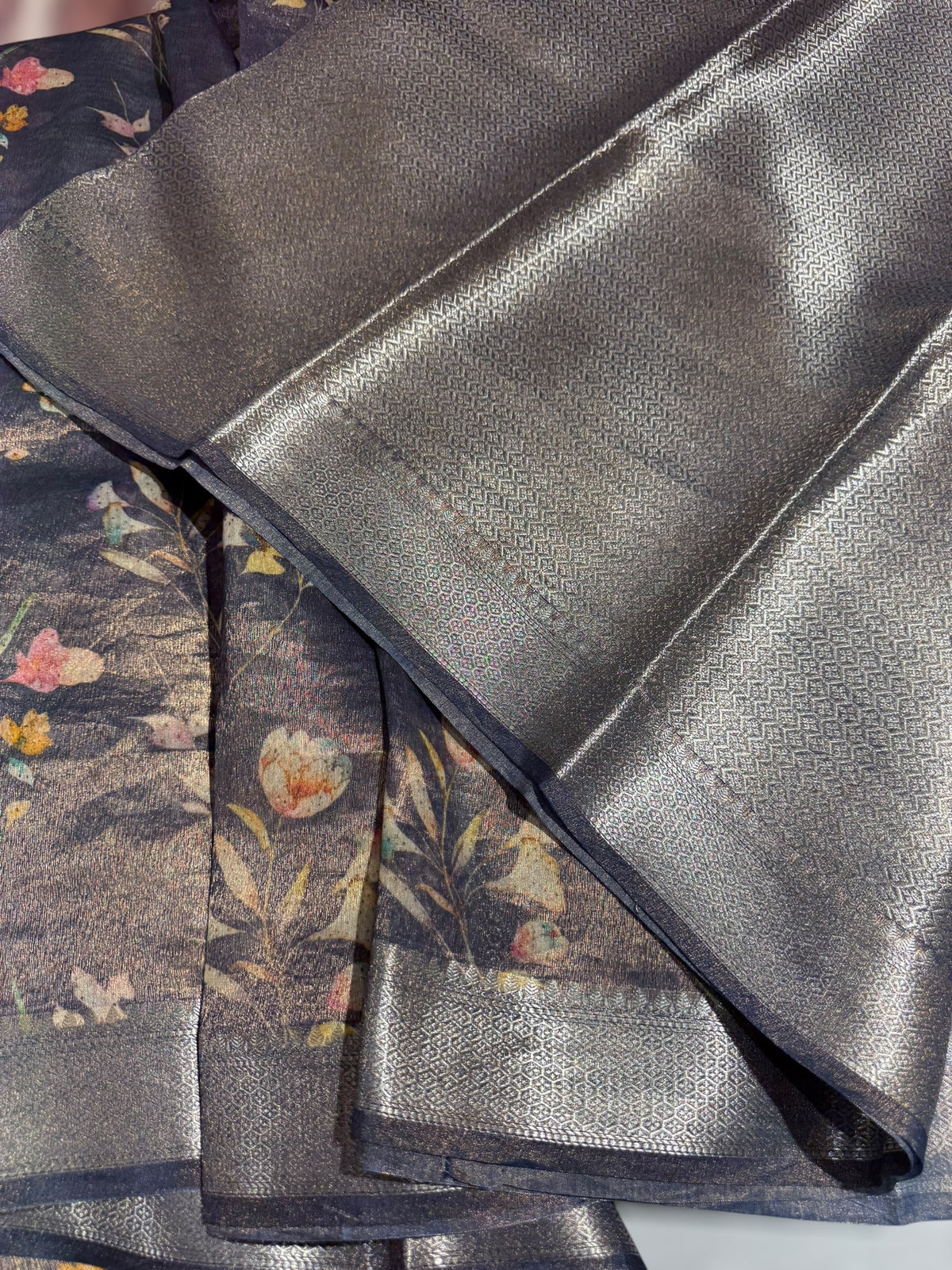 Midnight Blue Printed Banarasi Cotton Tissue