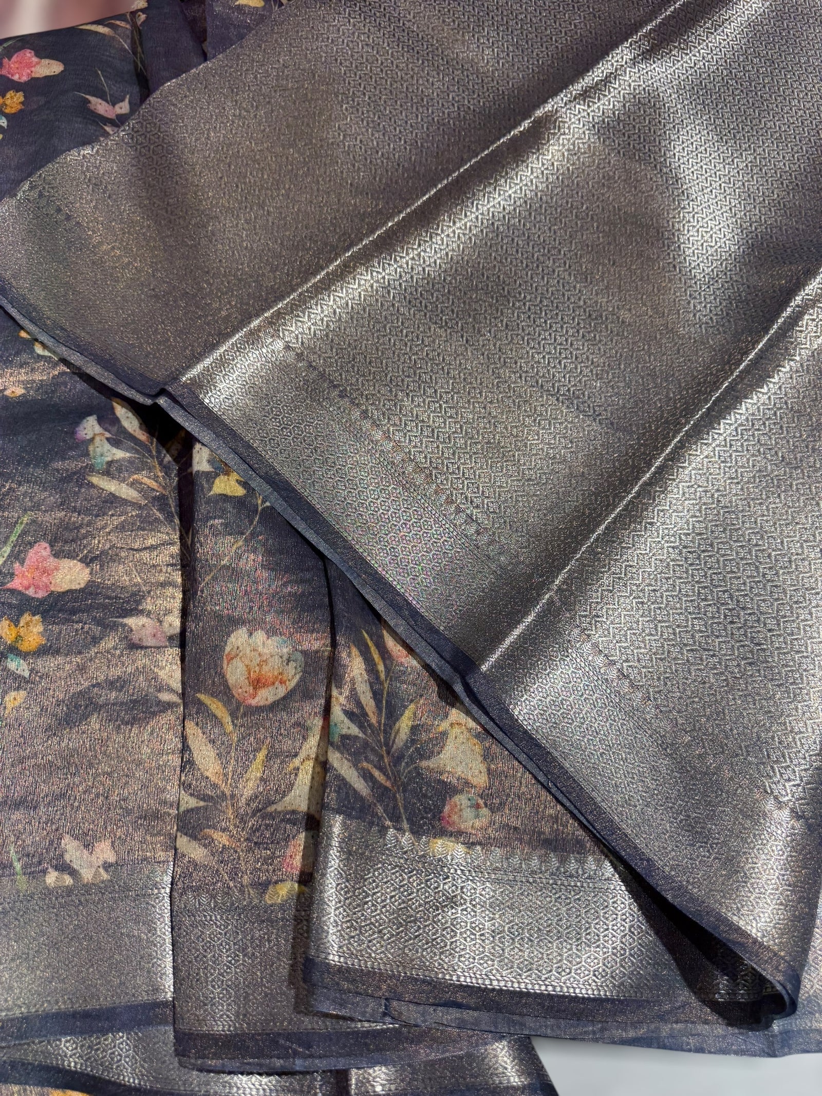 Midnight Blue Printed Banarasi Cotton Tissue