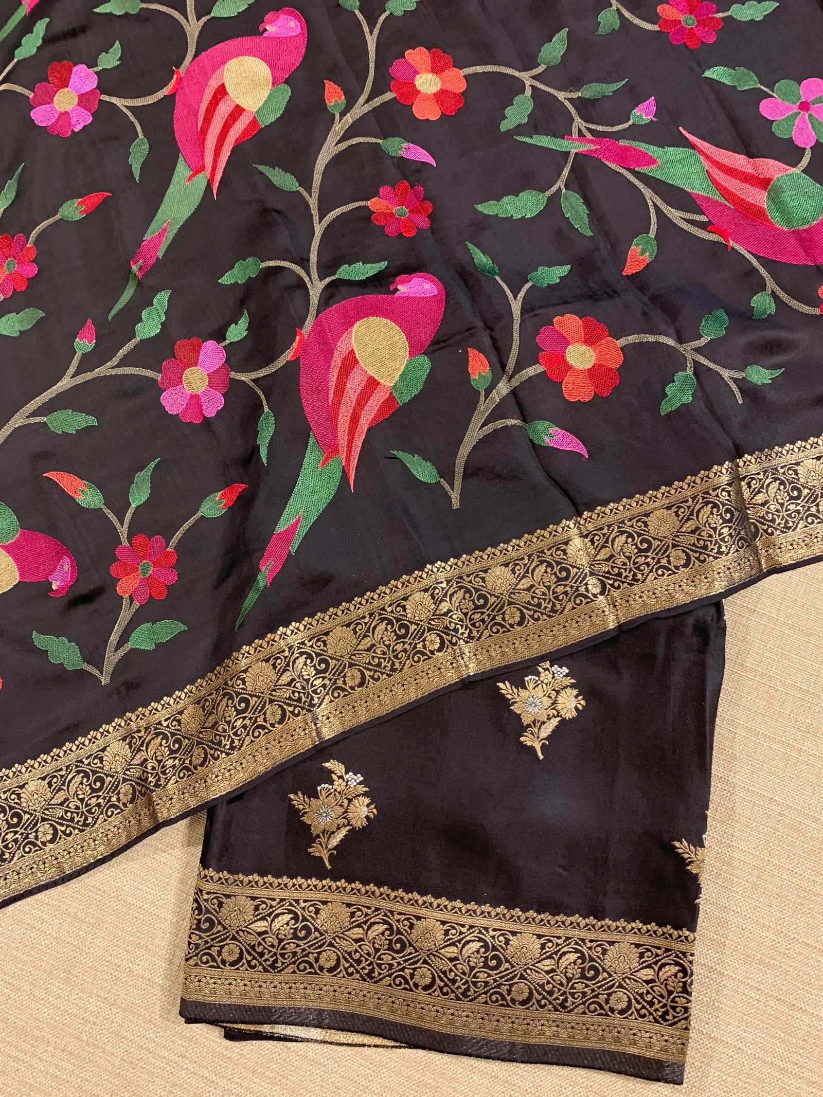 Black Mashru Silk Saree with Paithani inspired embroidered blouse