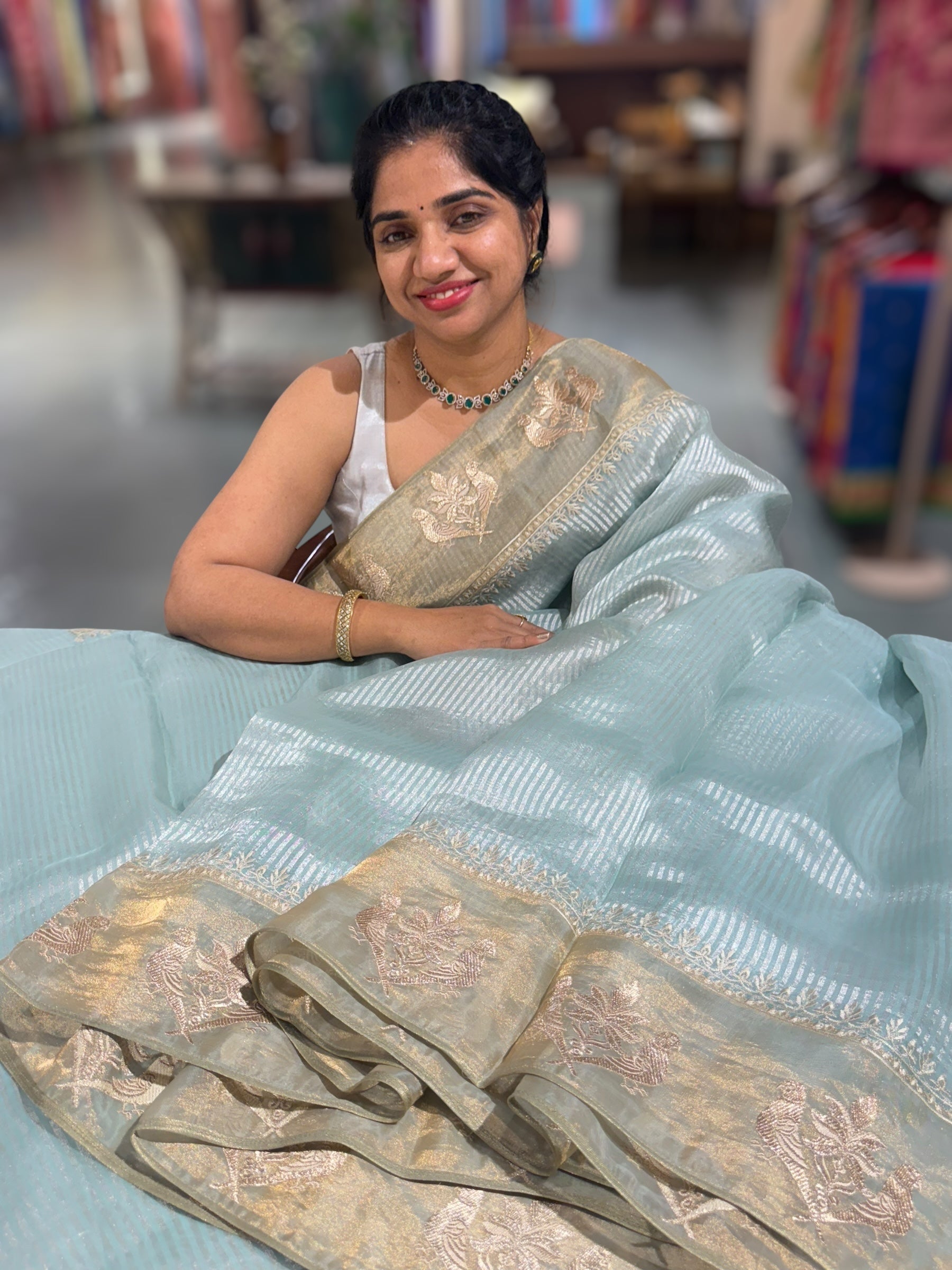 Pastel Blue Kora tissue silver stripes Saree with double parrot  embroidered tissue border