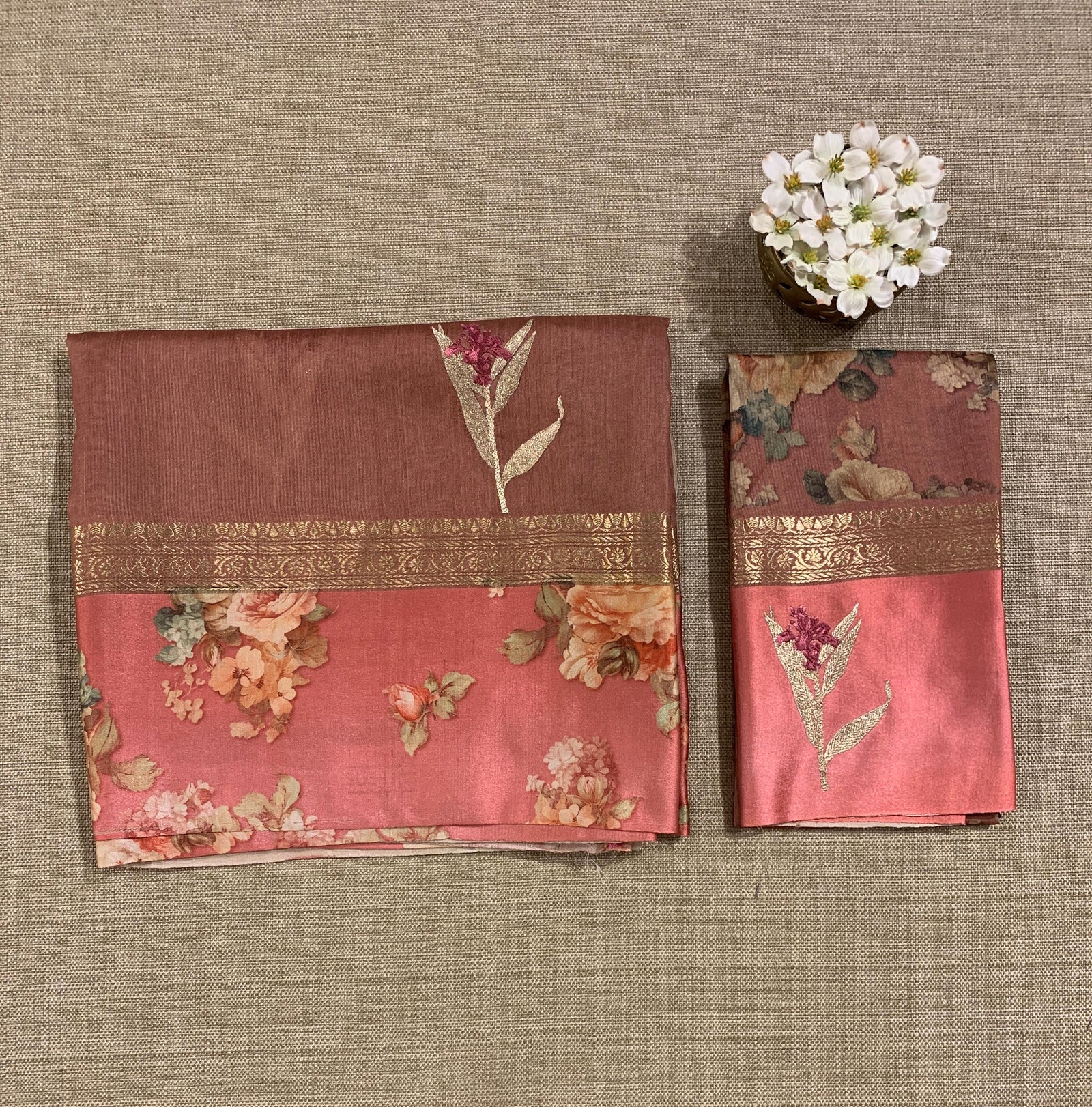 Dark Onion Pink Tussar Dhupion Saree with Floral printed mashru borders