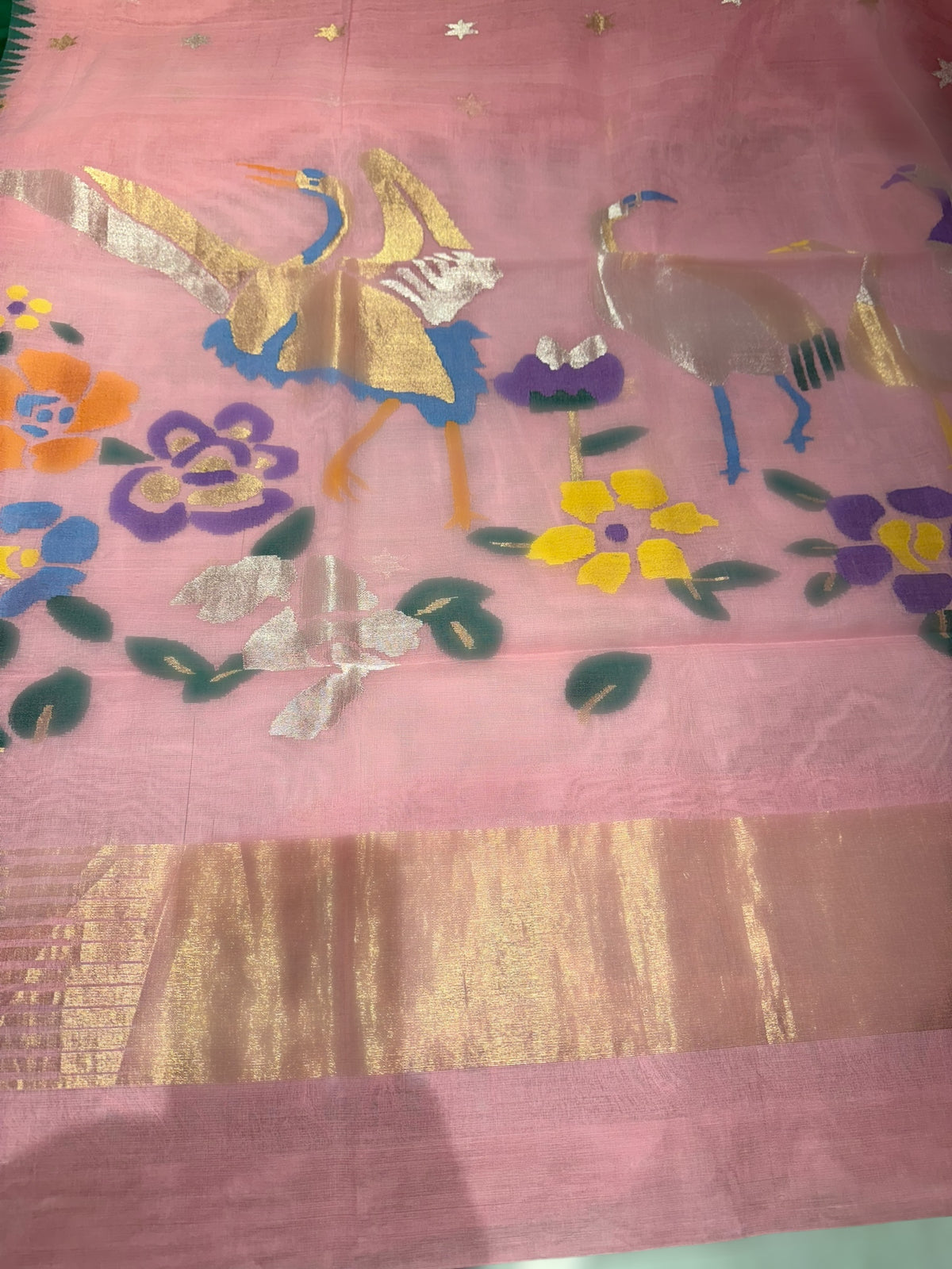 Lotus Pink Pure handloom Ponduru Khadi jamdani Saree with swan pallu