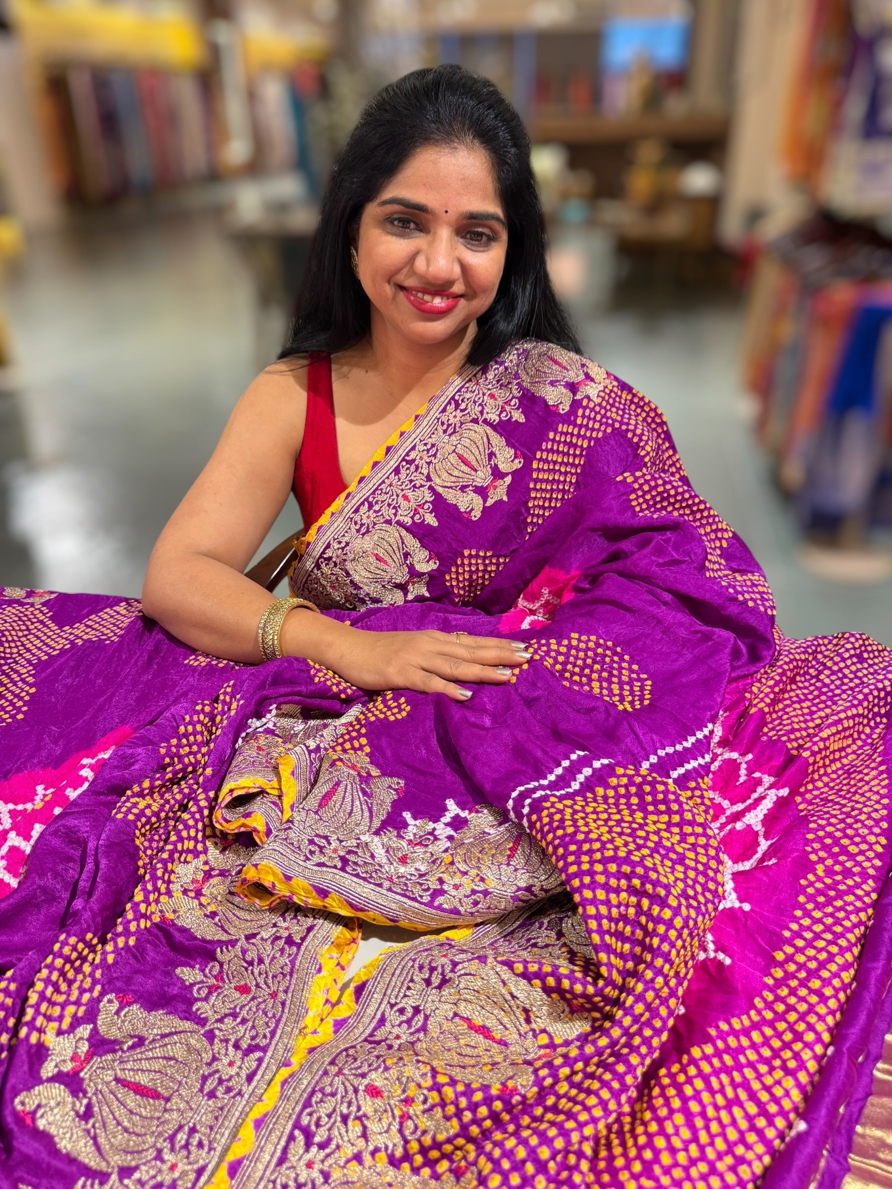 Purple Designer Rai Bandhej Saree With Embroidered Border