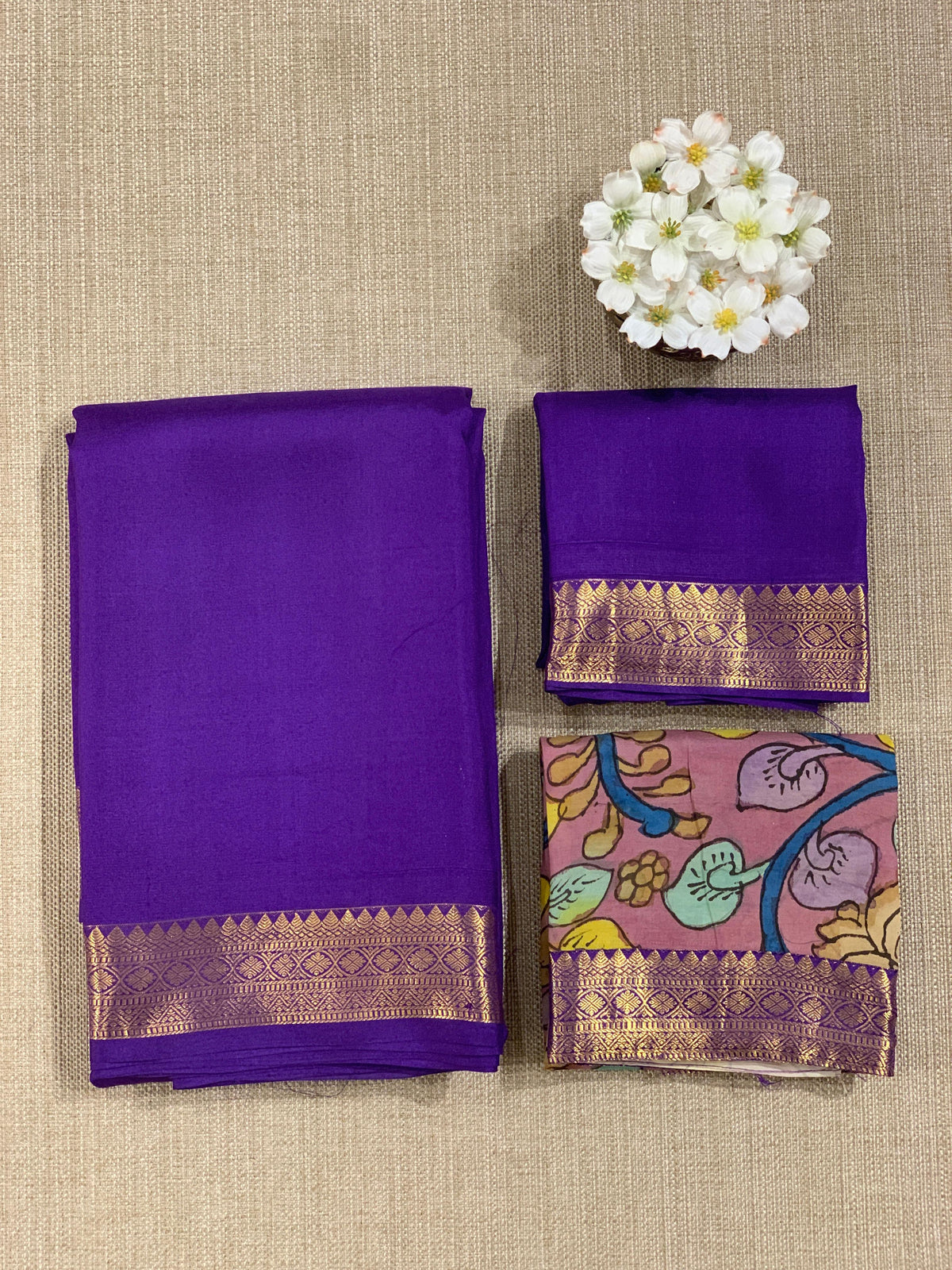 Brinjal vintage Kanchipuram silk saree with pen kalamkari blouse
