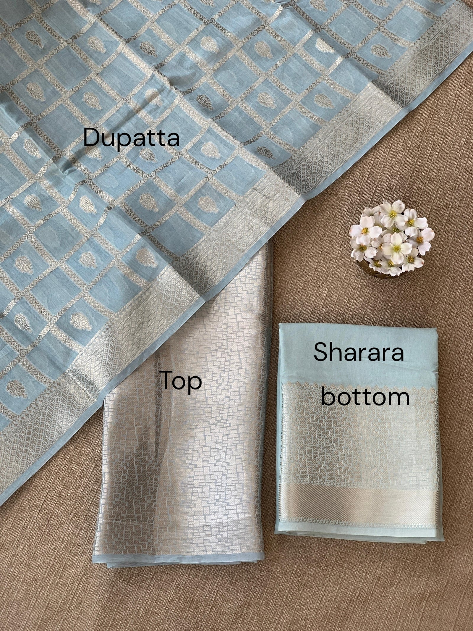 Powder Blue Banarasi Mul Silk Brocade 3-pc Sharara Suit set : SS62J16