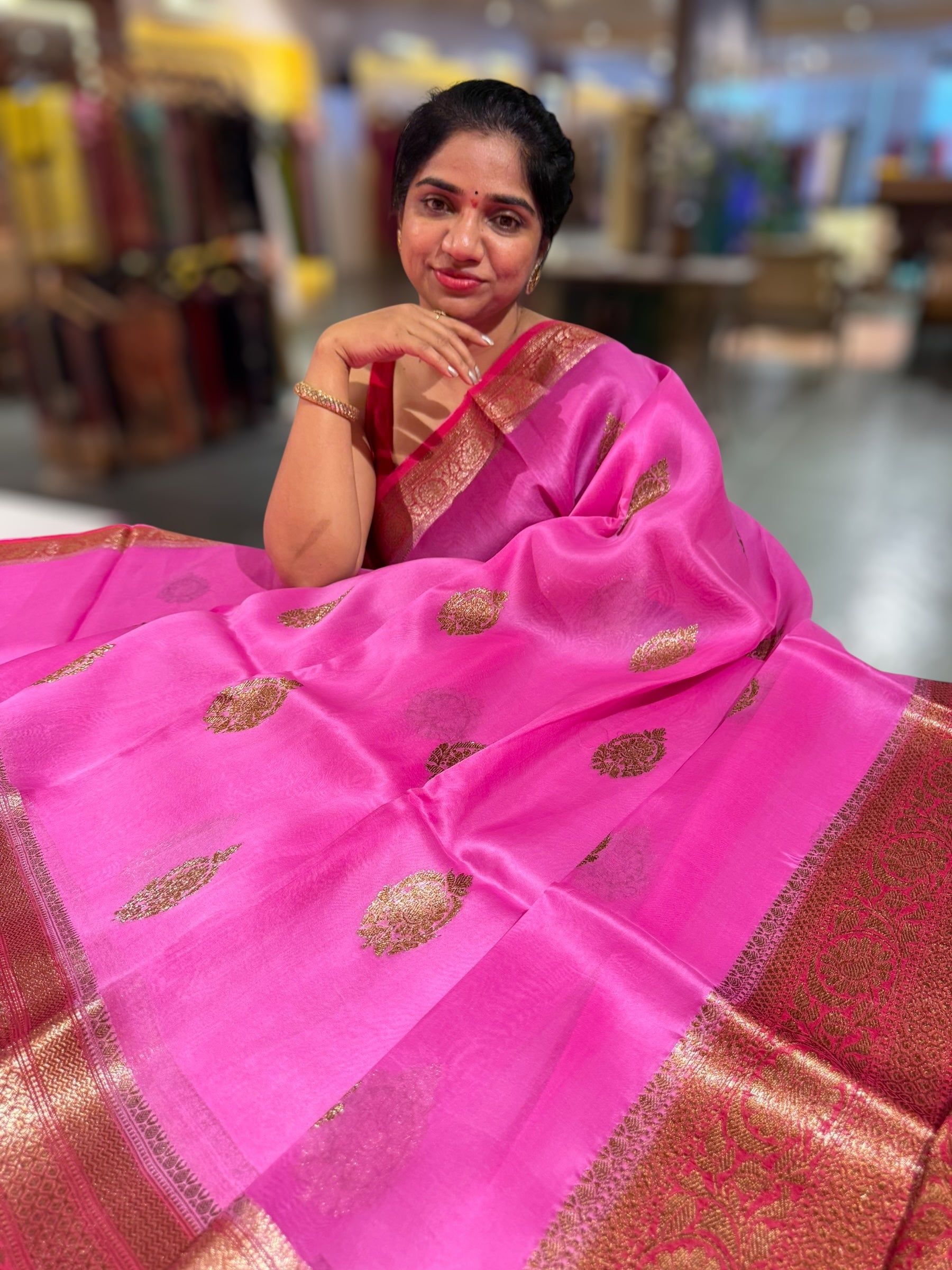Neon Pink Kora Banarasi Saree with Kaduwa woven motifs