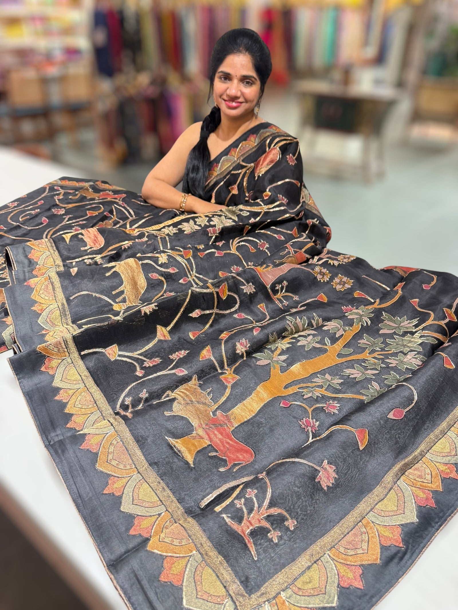 Black Designer Organza Saree with Stunning Tissue Applique work Saree with Village theme