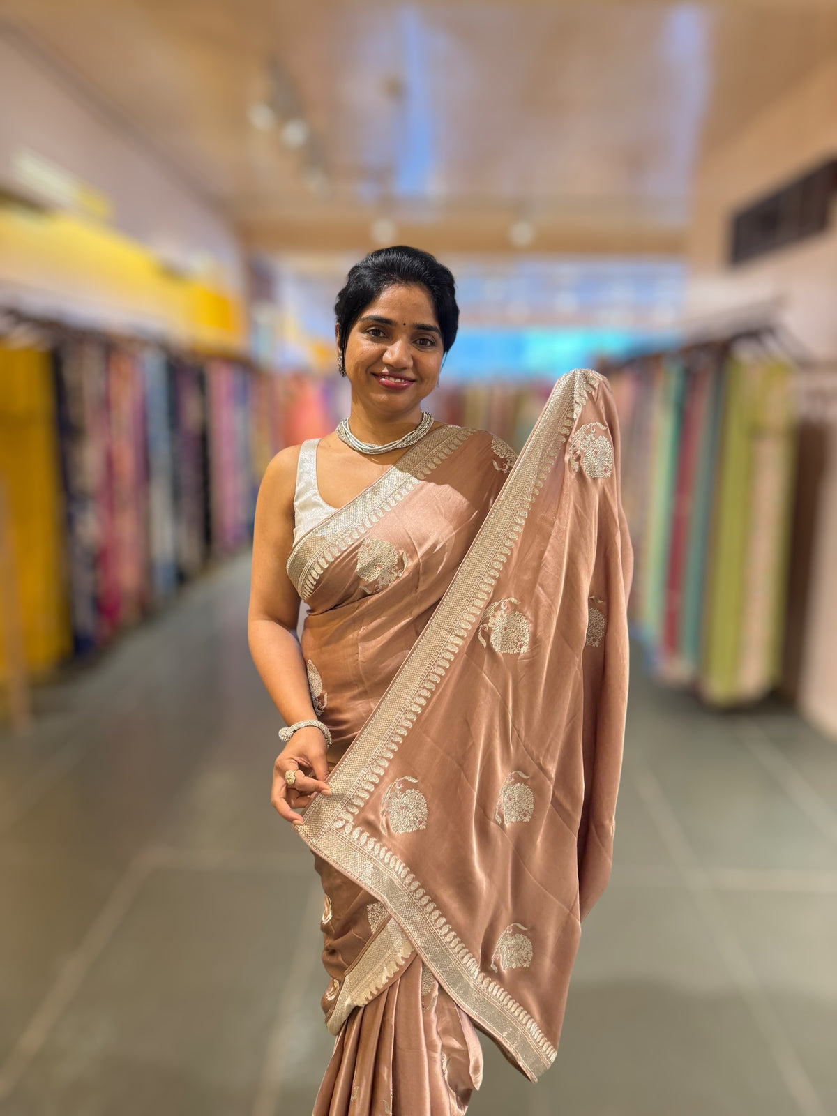 Light Brown Satin Saree with Embroidery.