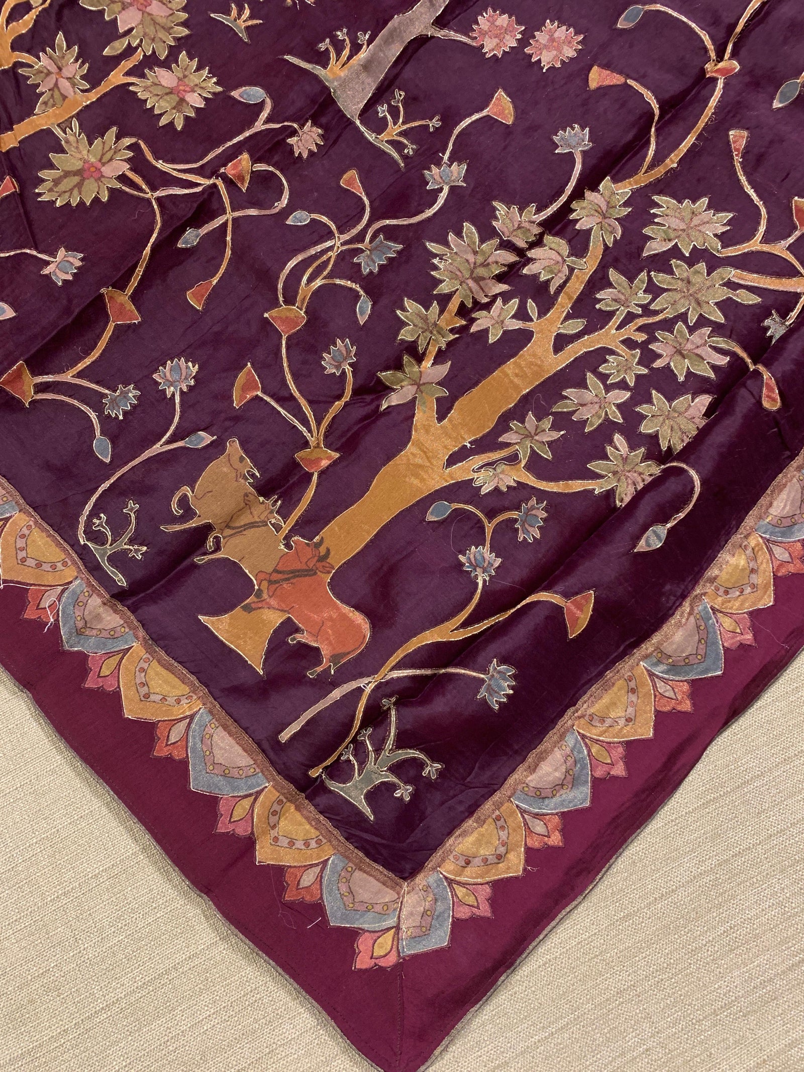 Wine Designer Organza Saree with Stunning Tissue Applique work Saree with Village theme