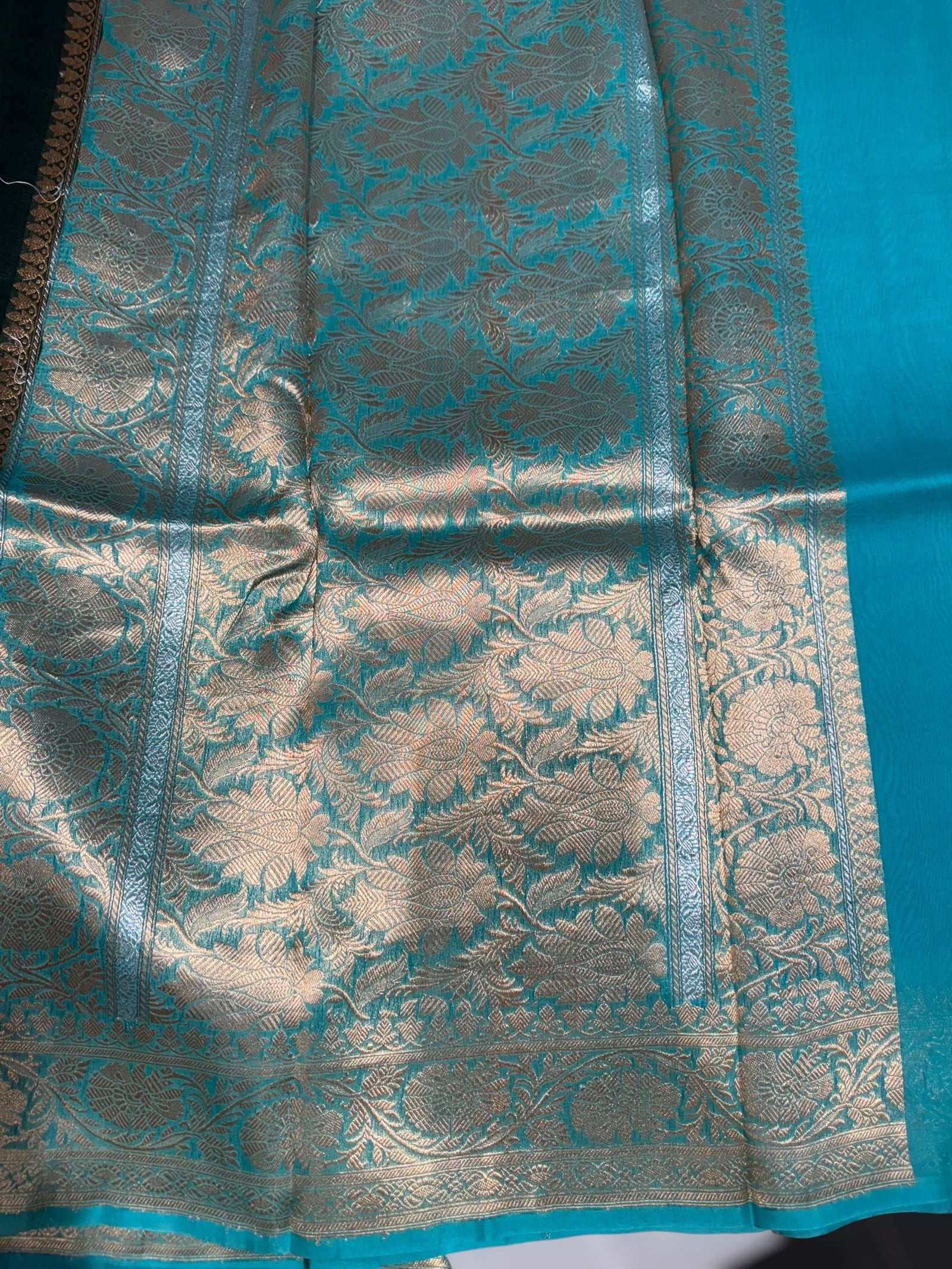 Forest Green & Teal Pure Handloom premium Kora Banarasi Saree
