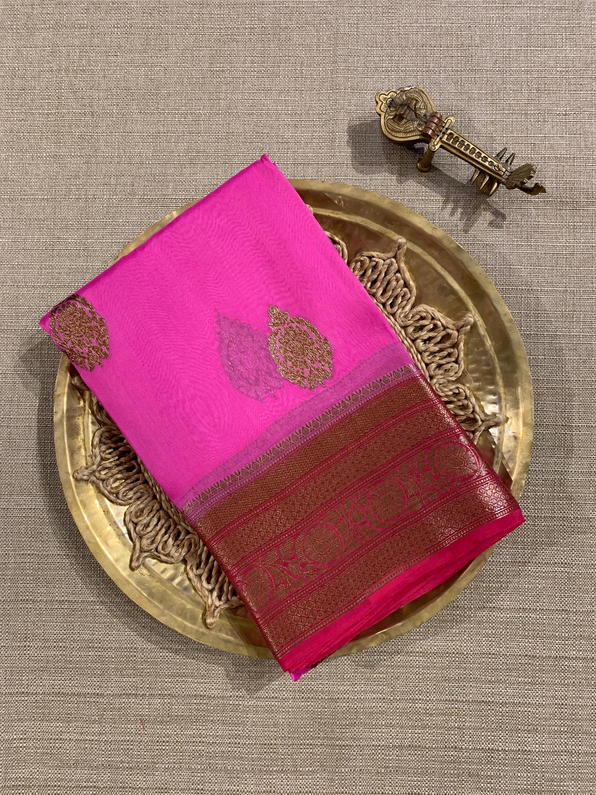 Neon Pink Kora Banarasi Saree with Kaduwa woven motifs
