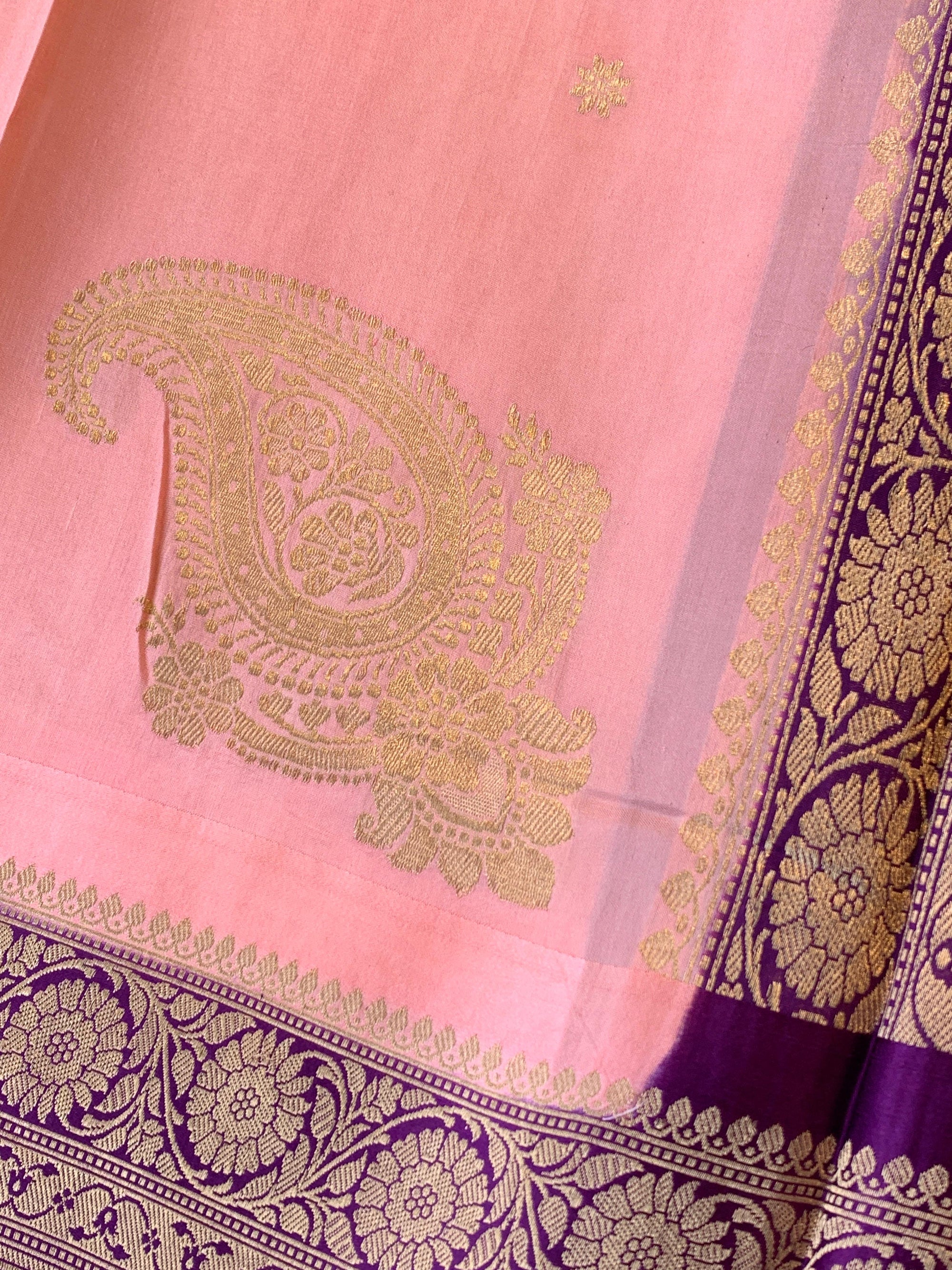 Peach Pink & Purple Combo Raw Mangoe Silk Saree with heavy weaving mashru border & kaduwa woven motifs.