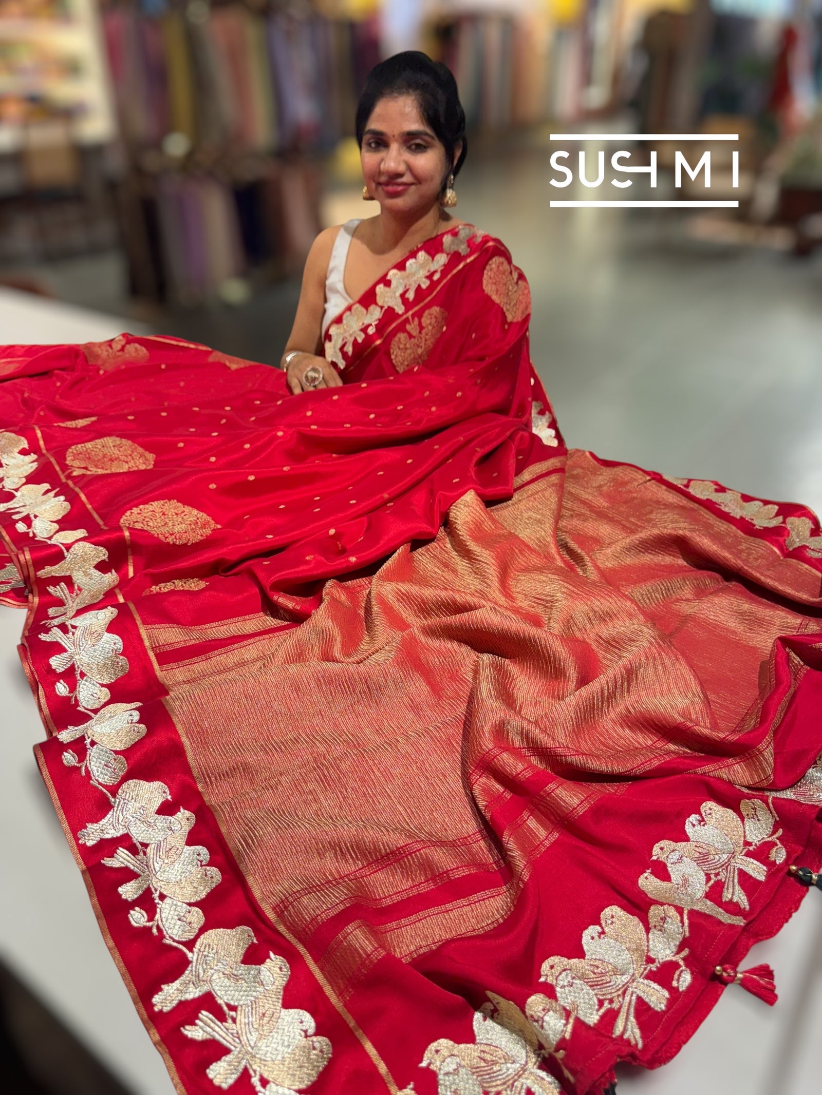 Chilli Red Mysore silk saree with woven motif and embroidered border : D62133