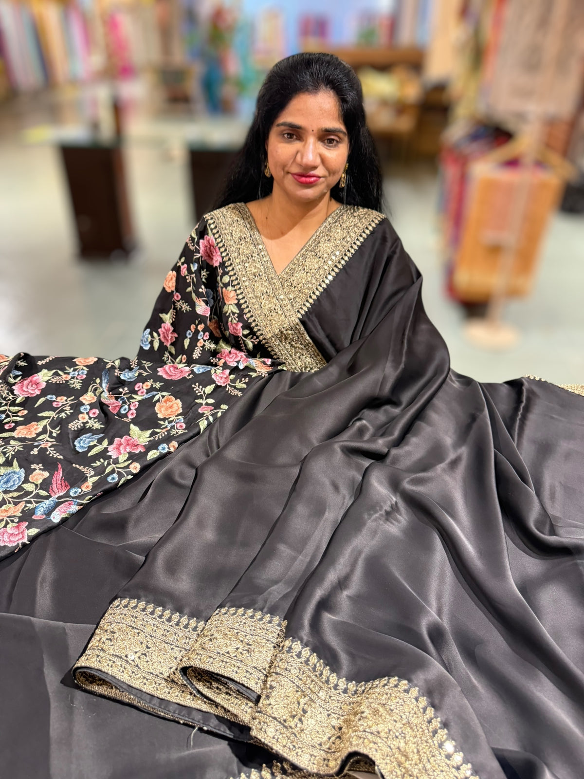 Black Pure Satin Saree with Sabhyasachi Borders