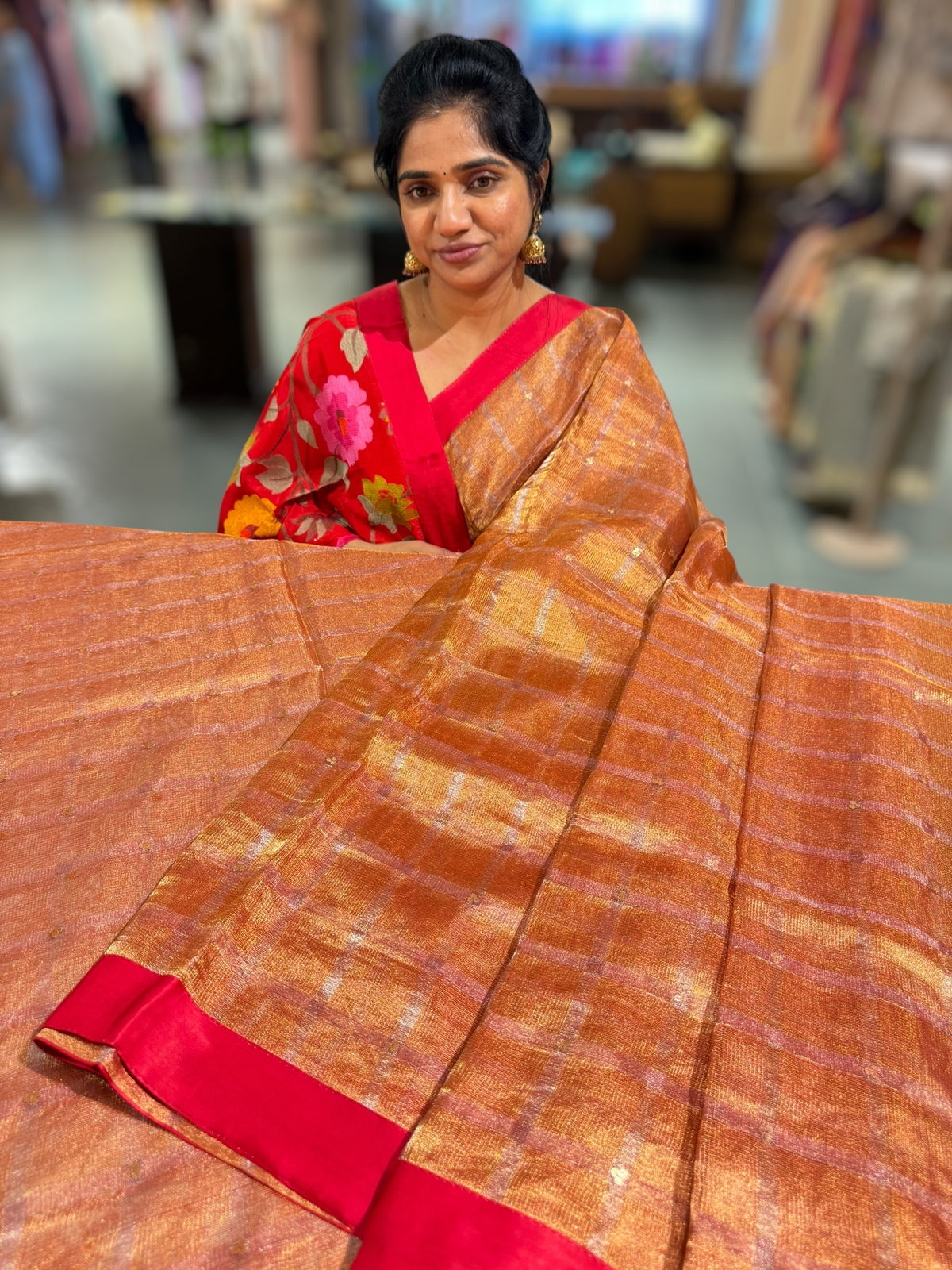 Red Tissue saree with kanchi silk embroidered blouse