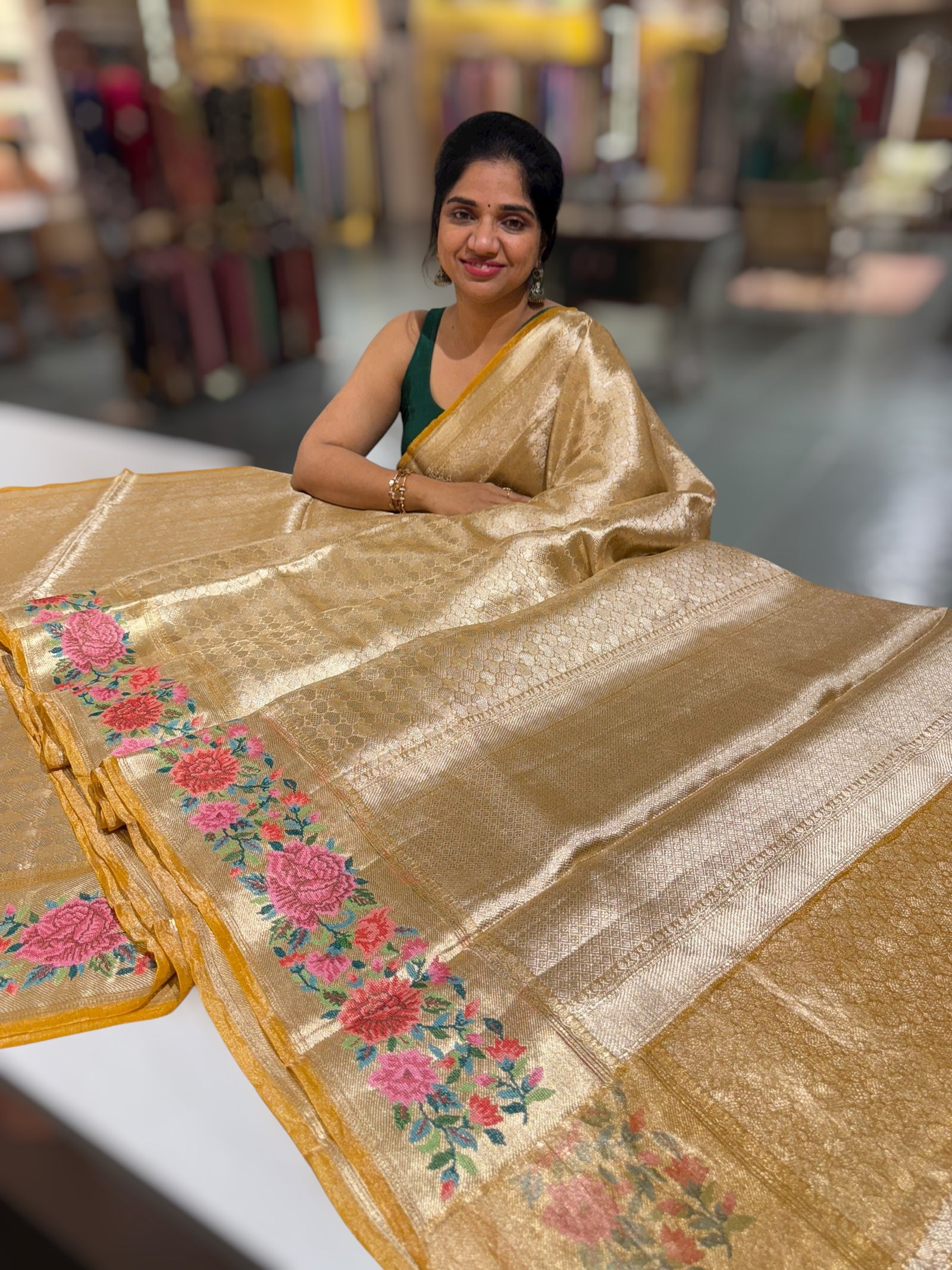 Mustard Banarasi Tissue Brocade Saree with Petite Point Embroidered Border