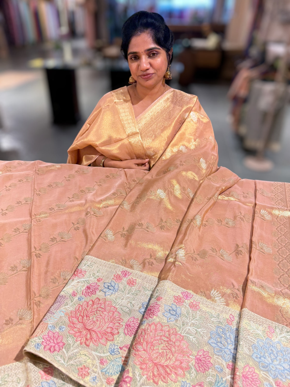 Peach Banarasi Tissue with embroidered border