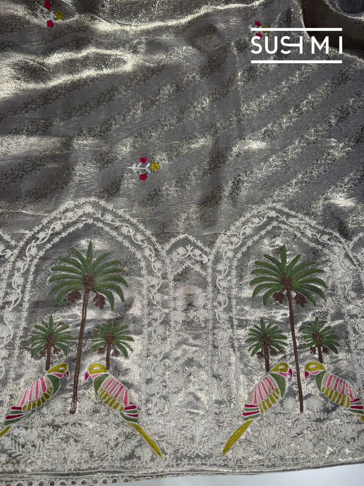 Silver Tissue Brocade Kanjeevaram with embroidery D62F038