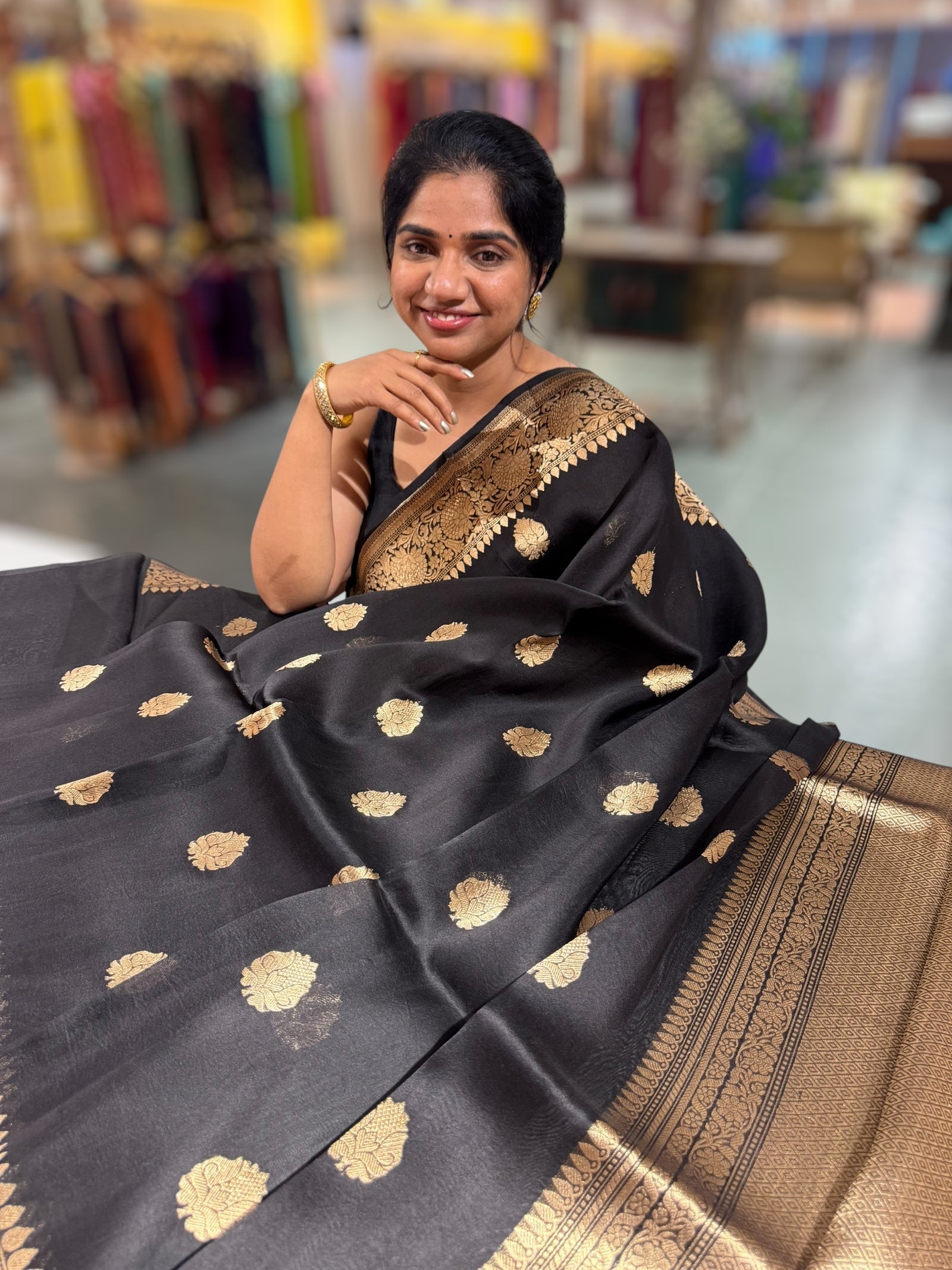 Black Premium Kora Banarasi Saree with heavy weaving borders