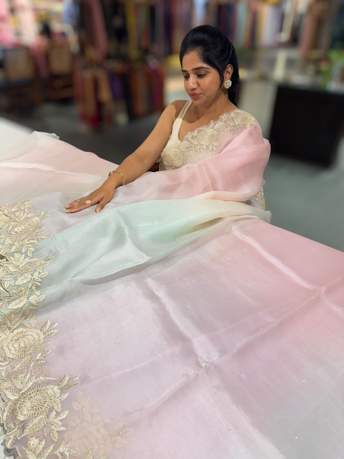 Ombre dyed Pure Organza Saree with parsi gara embroidery