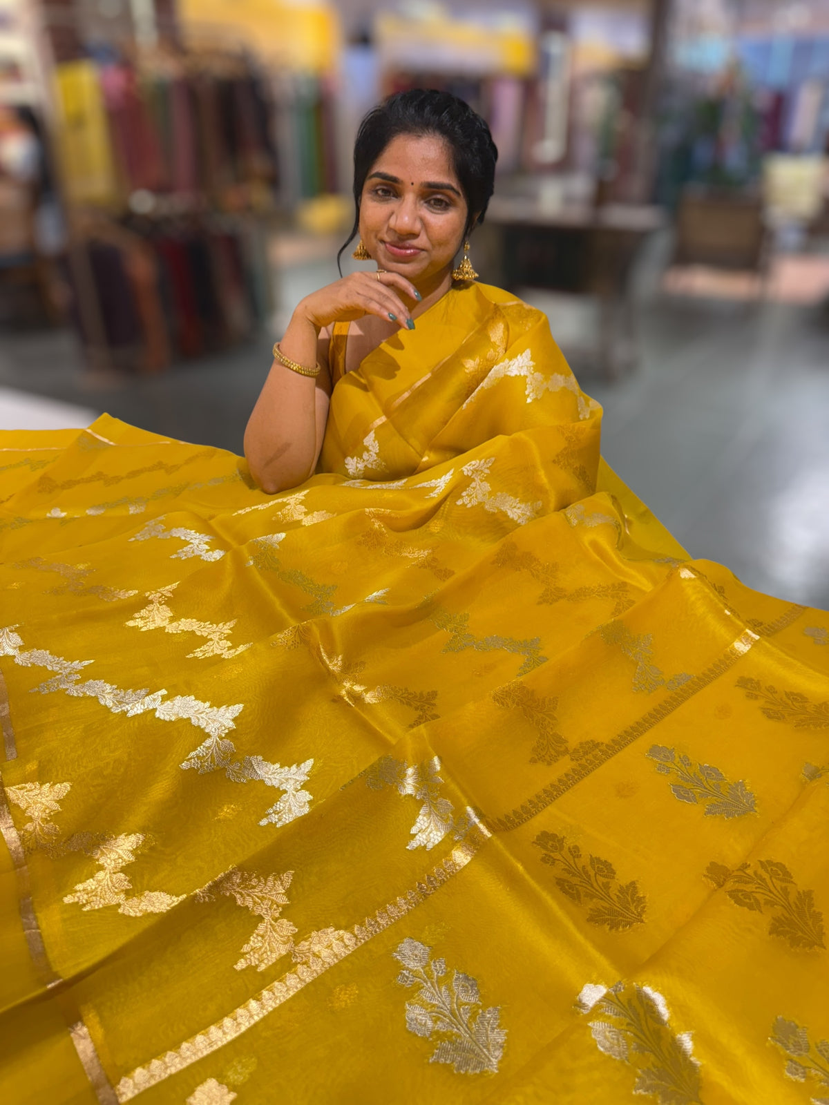 Yellow Kora Banarasi Saree in half & half style