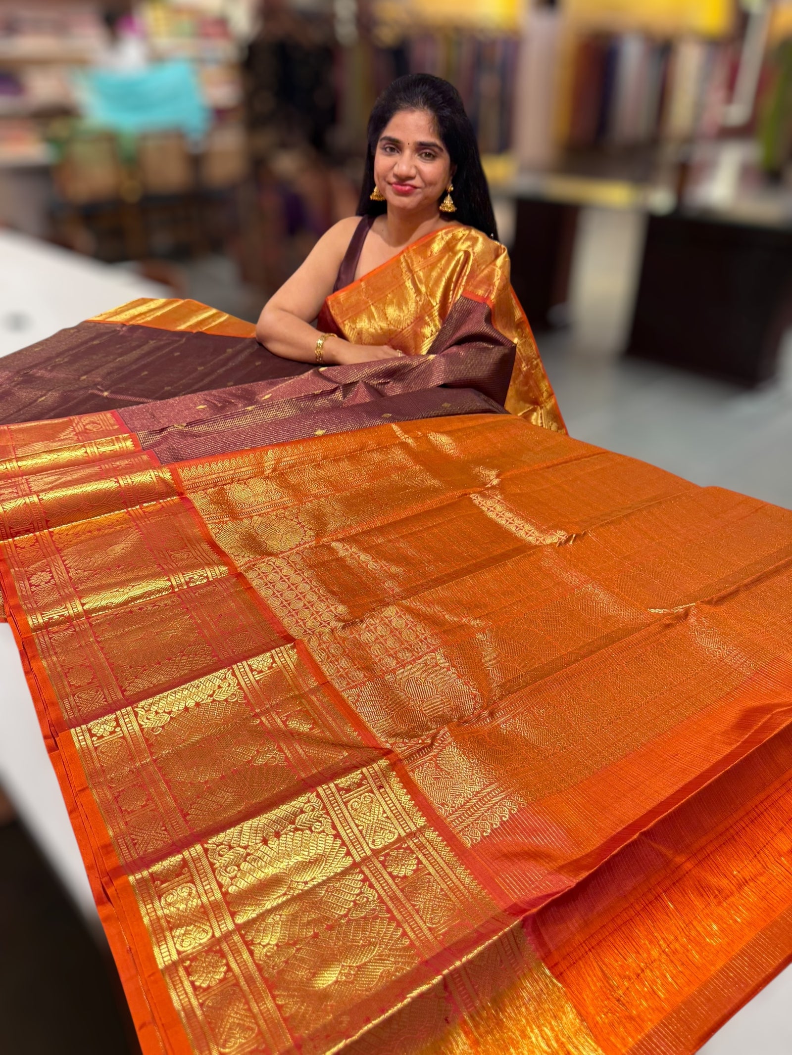 Coffee Brown & Rust Combo Vaira Oosi Checks Kanjeevaram Saree