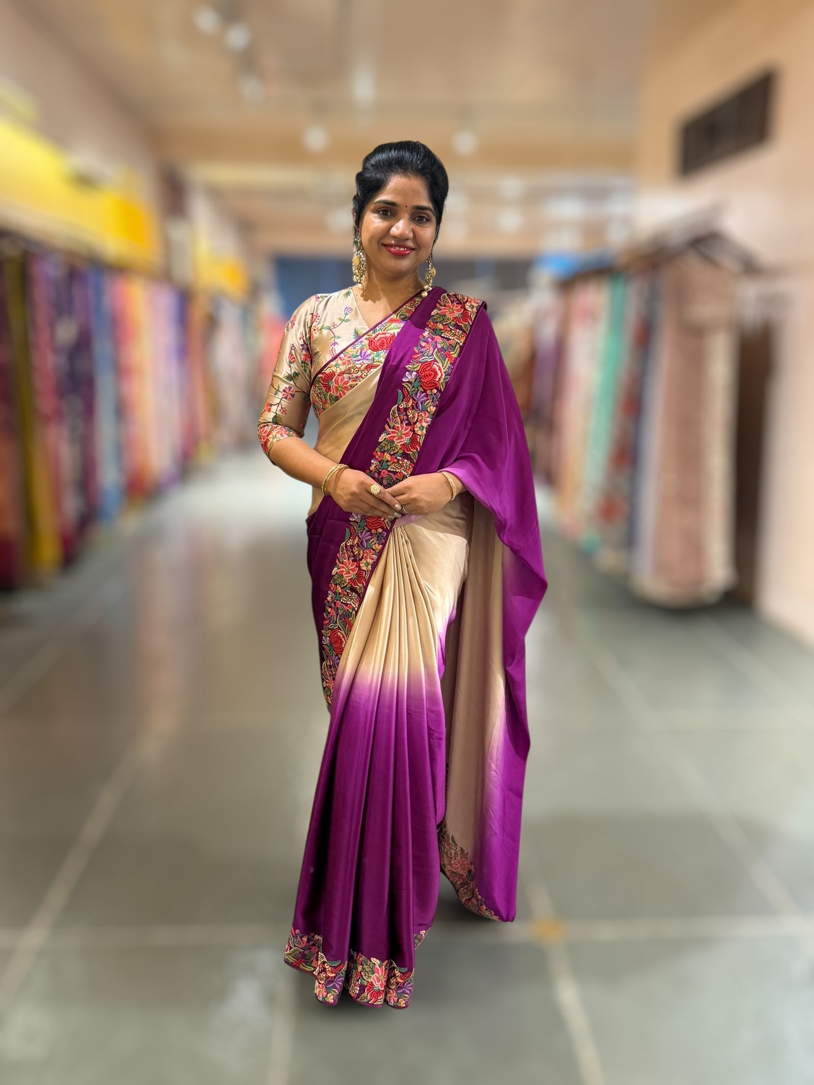 Pure Satin Ombre Dyed Saree with Petite Point Embroidered Border and blouse.