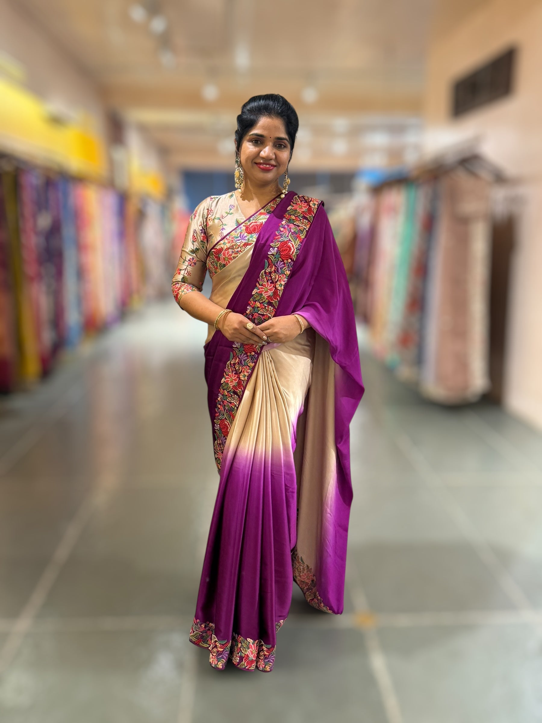 Pure Satin Ombre Dyed Saree with Petite Point Embroidered Border and blouse.