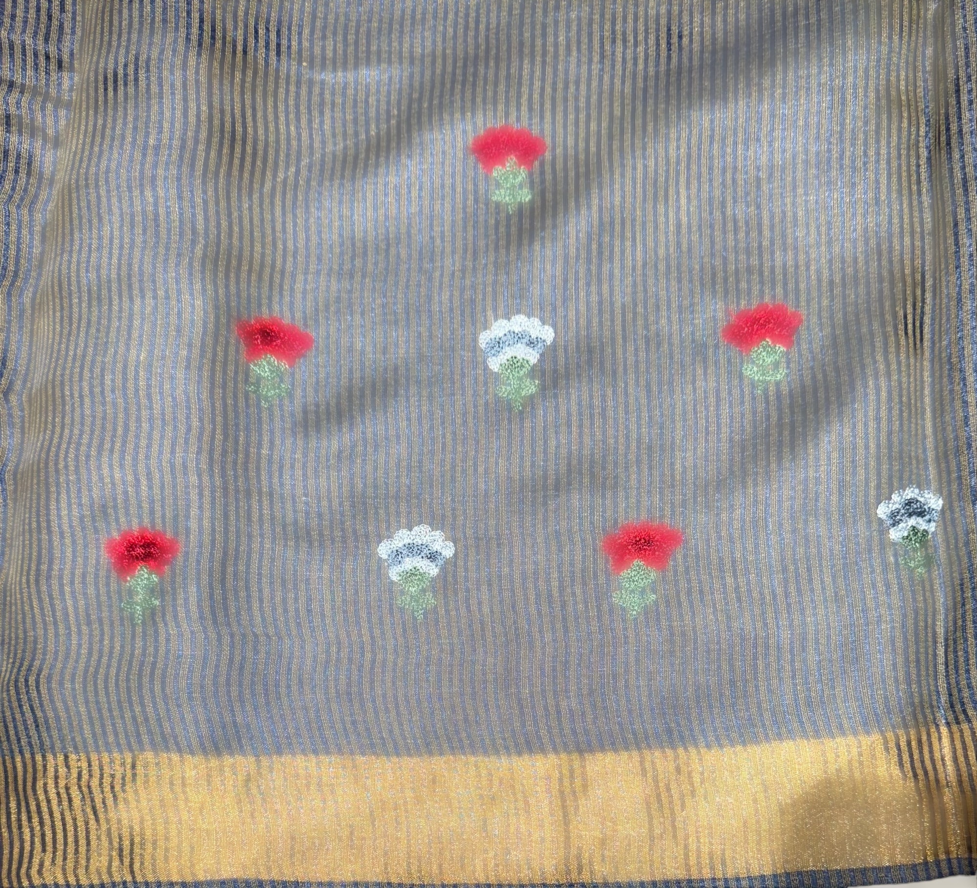 Navy Tussar Brocade Saree With Statement Red Rose Embroidery.