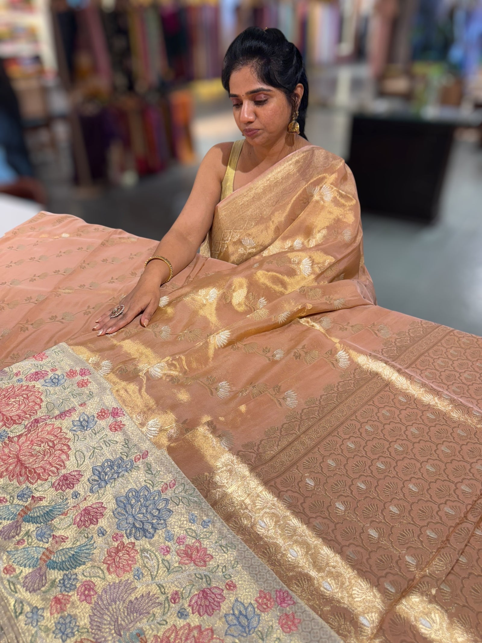 Peach Banarasi Tissue with embroidered border