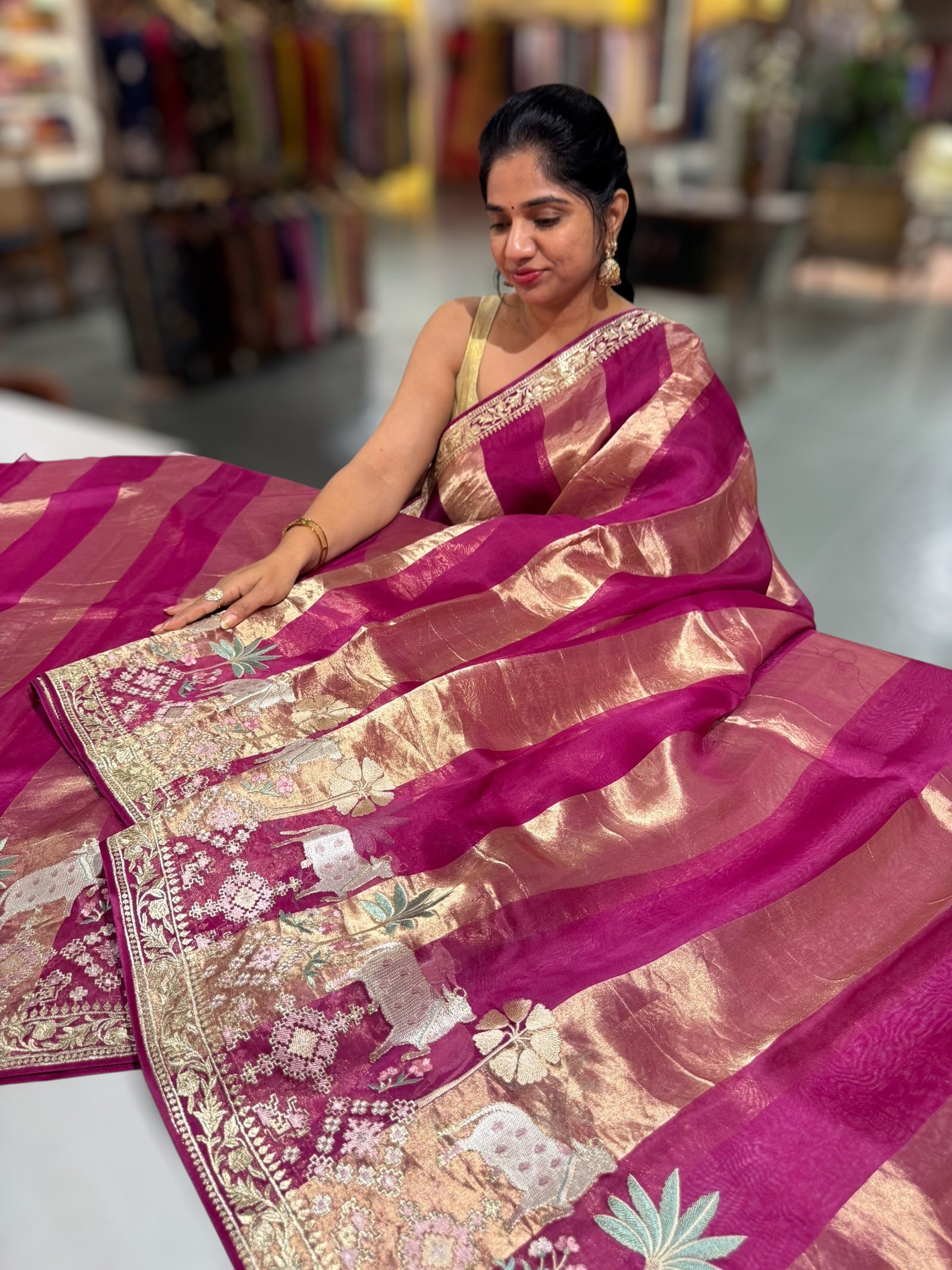 Ruby Pink Kora Tissue Stripes Saree With Jamdani  & Pichwai embroidered Border