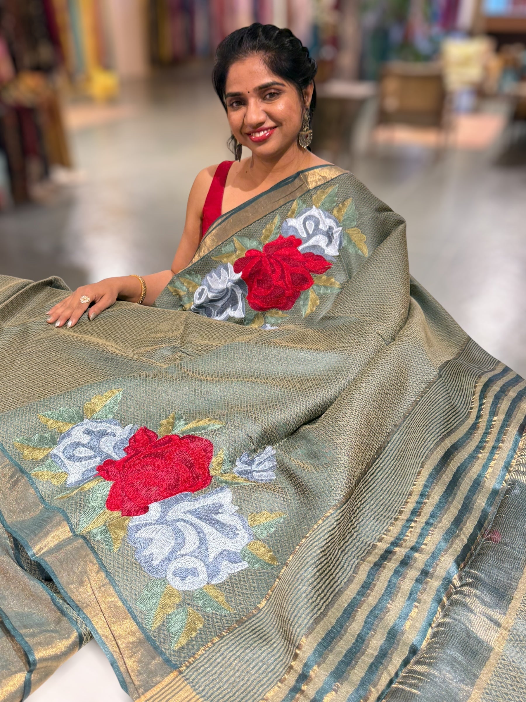 Sage Green Tussar Brocade Saree With Statement Red Rose Embroidery.