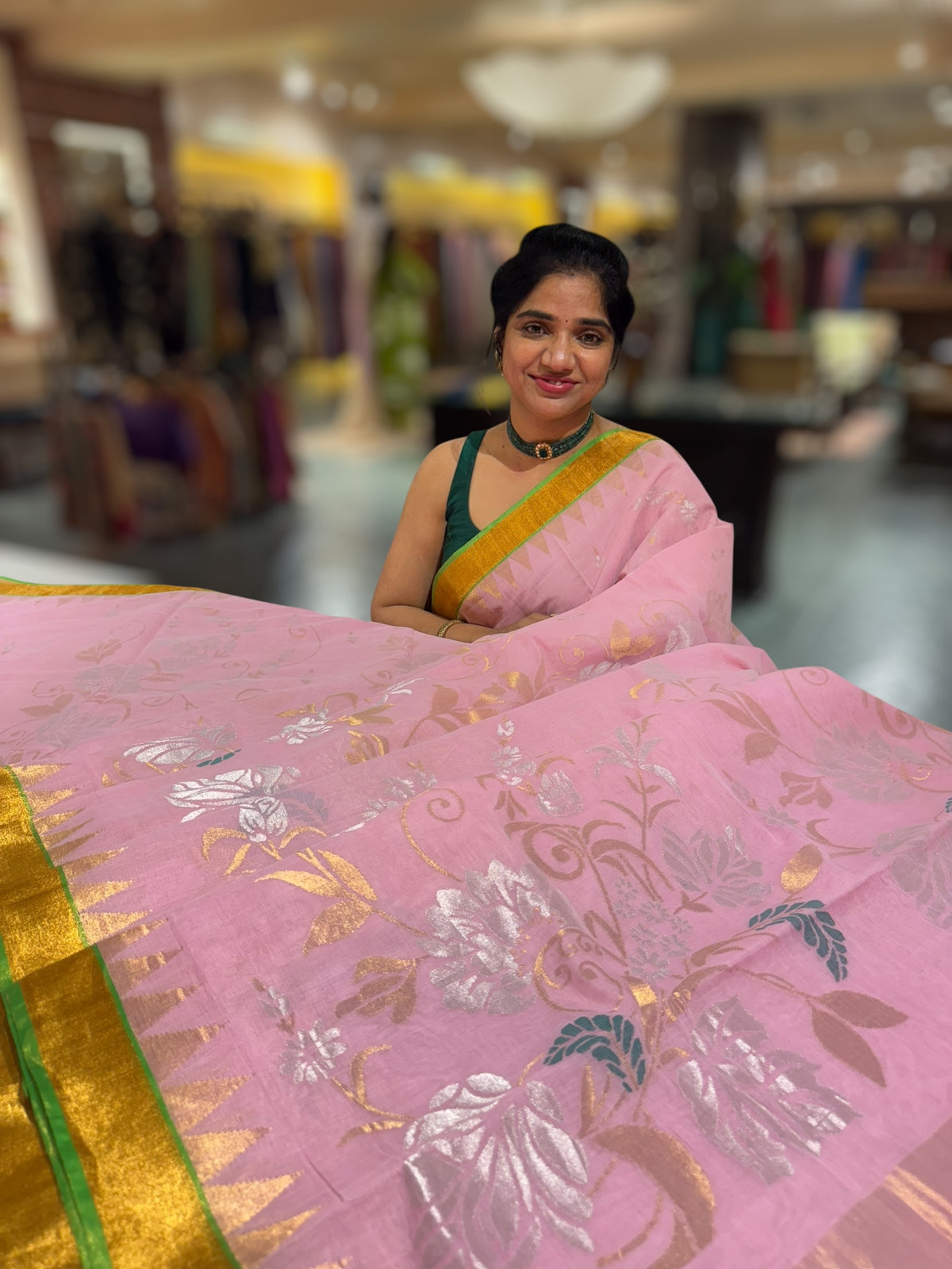 Baby Pink Ponduru Khadi Jamdani Allover Weaving Saree