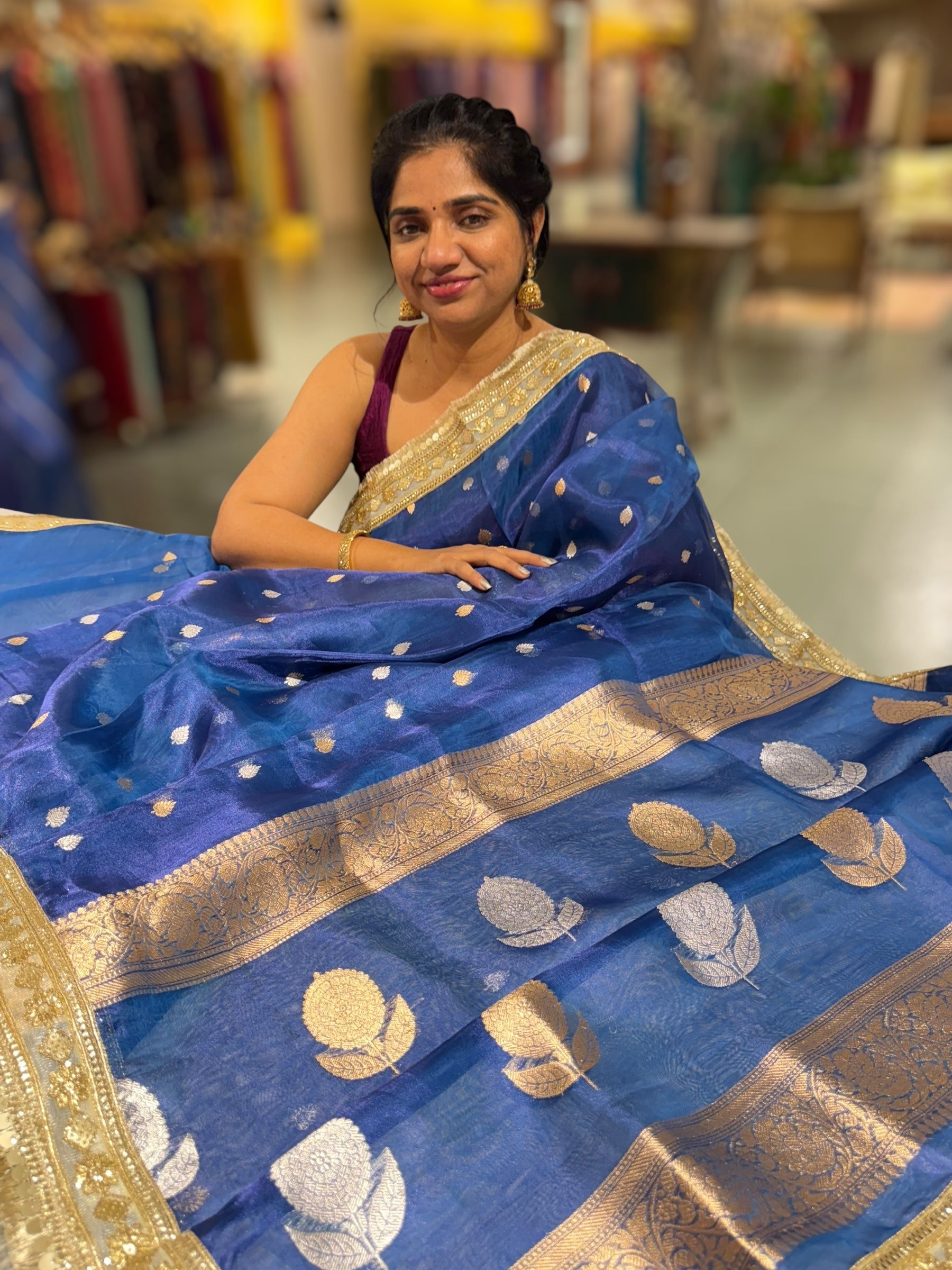 Peacock Blue Pure handloom Banarasi Tissue saree