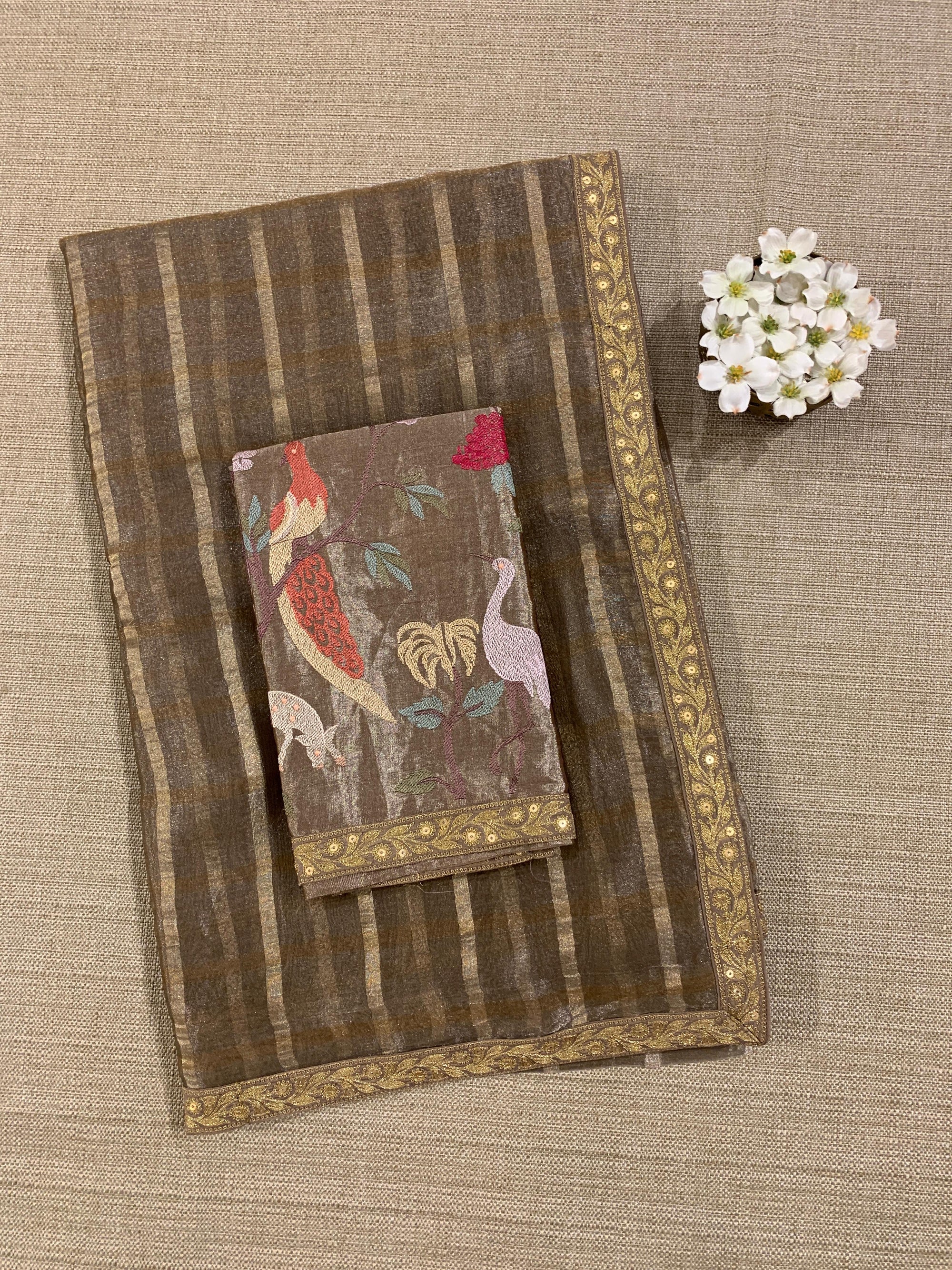 Antique Brown Banarasi Tissue checks Saree with Sabyasachi Borders