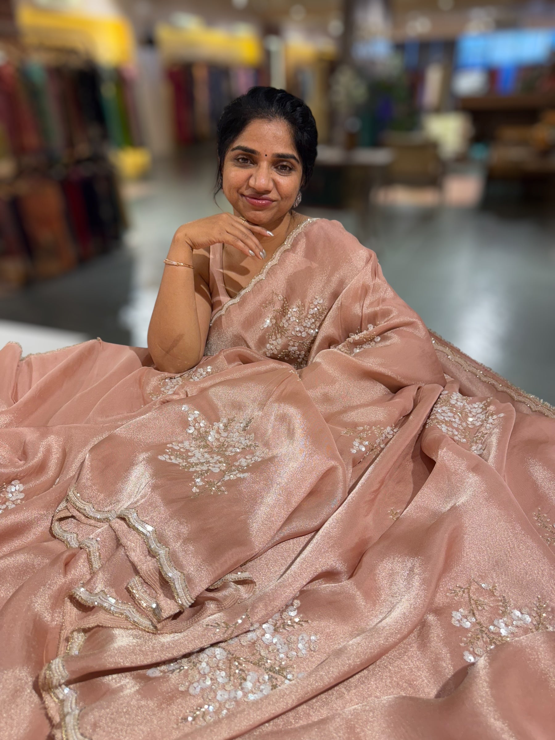 Tissue Gorgette Saree With Handwork Border and Blouse.