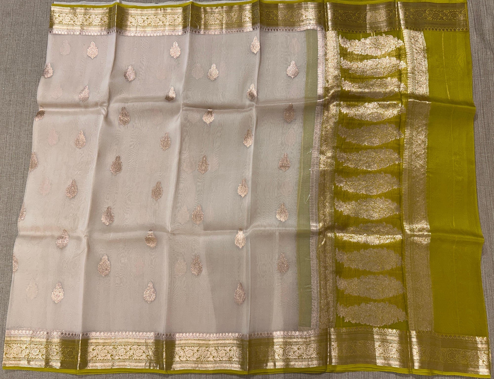 Vanilla and Moong Dal Green Combo Pure Handloom premium Kora Banarasi Saree